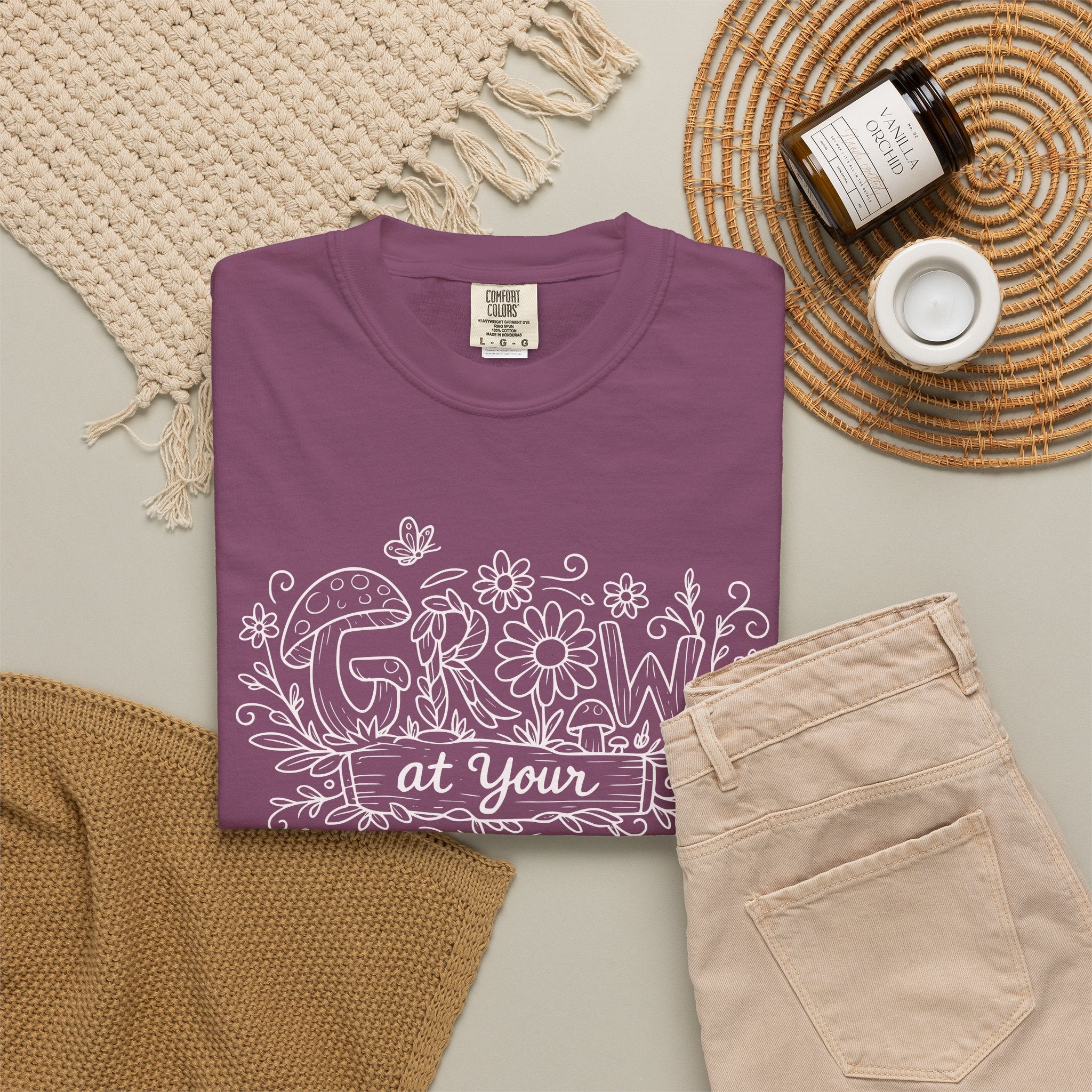 Grow at Your Own Pace Shirt, Comfort Colors Tee, Wildflower Mushroom Doodle Design, Minimalist Botanical Tee | Cottagecore Nature Graphic