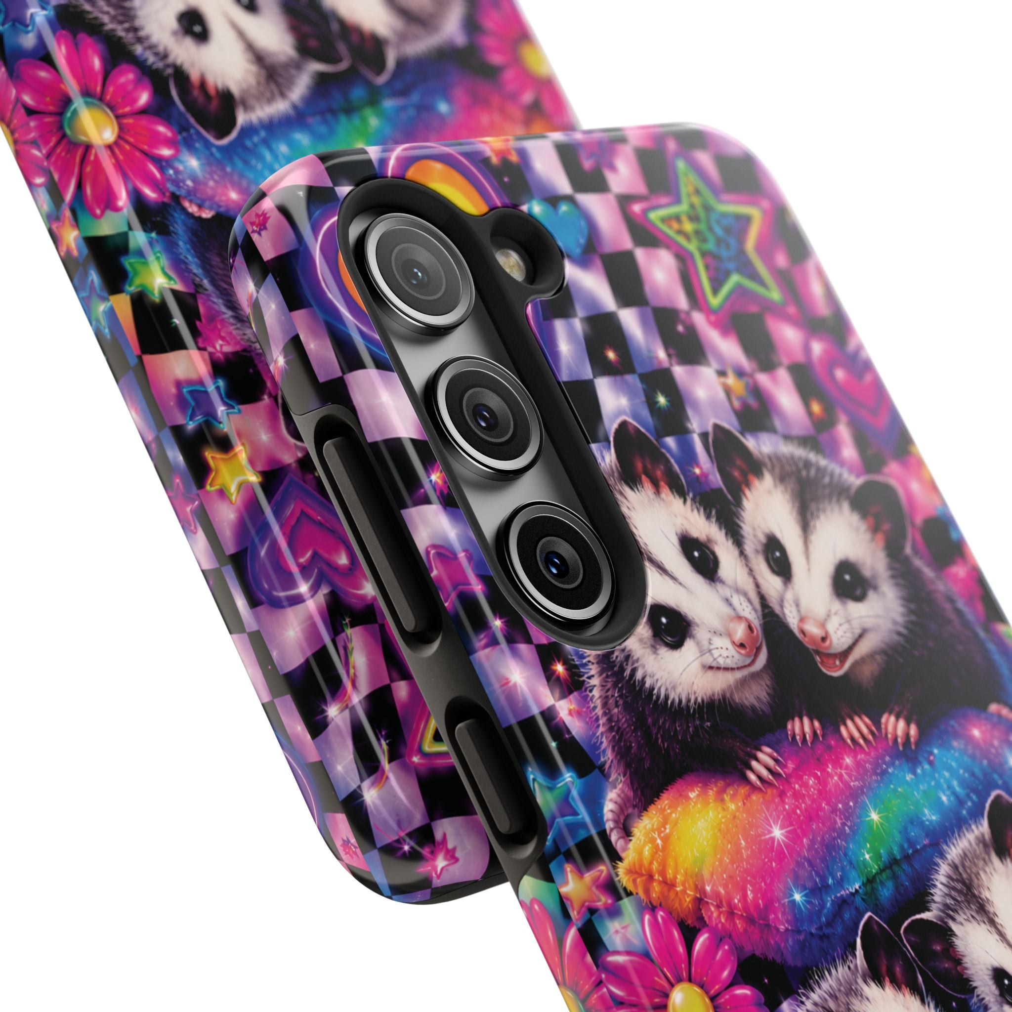 Cute 90's Retro Opossums Phone Case | Neon Flowers, Checkerboard Design Iphone Samsung Phone Case