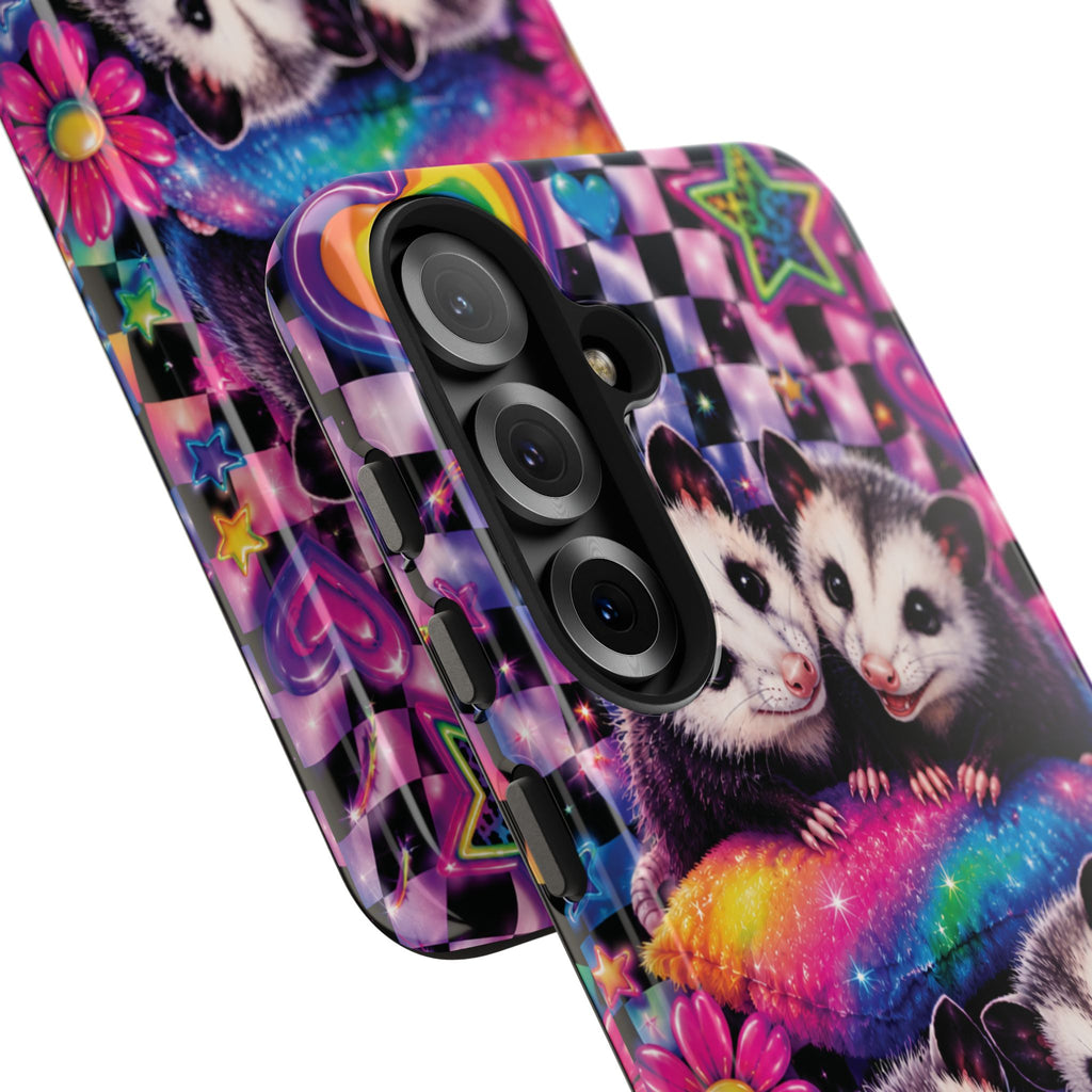 Cute 90's Retro Opossums Phone Case | Neon Flowers, Checkerboard Design Iphone Samsung Phone Case
