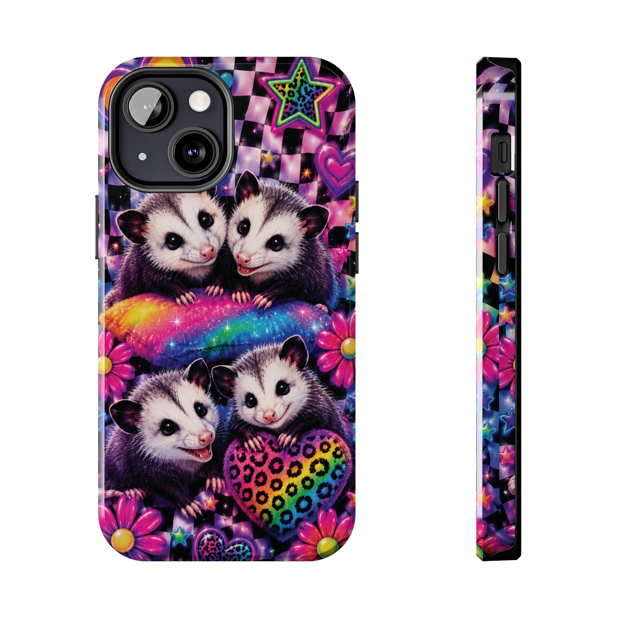 Cute 90's Retro Opossums Phone Case | Neon Flowers, Checkerboard Design Iphone Samsung Phone Case