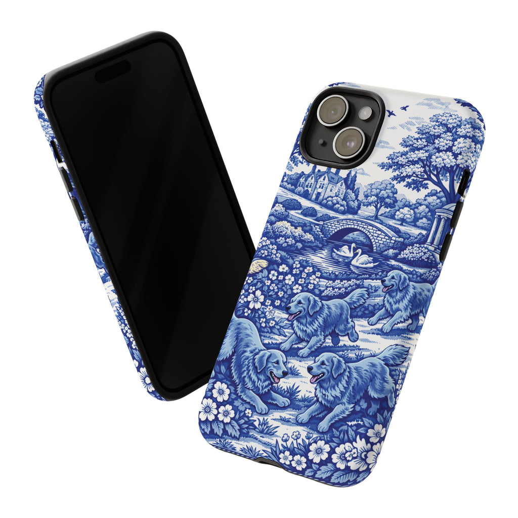 Golden Retriever Tough Phone Case, Chinoiserie Blue Dog Pattern, French Toile Aesthetic