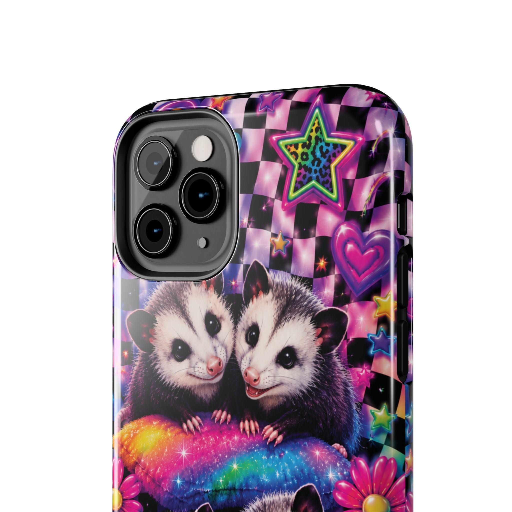 Cute 90's Retro Opossums Phone Case | Neon Flowers, Checkerboard Design Iphone Samsung Phone Case