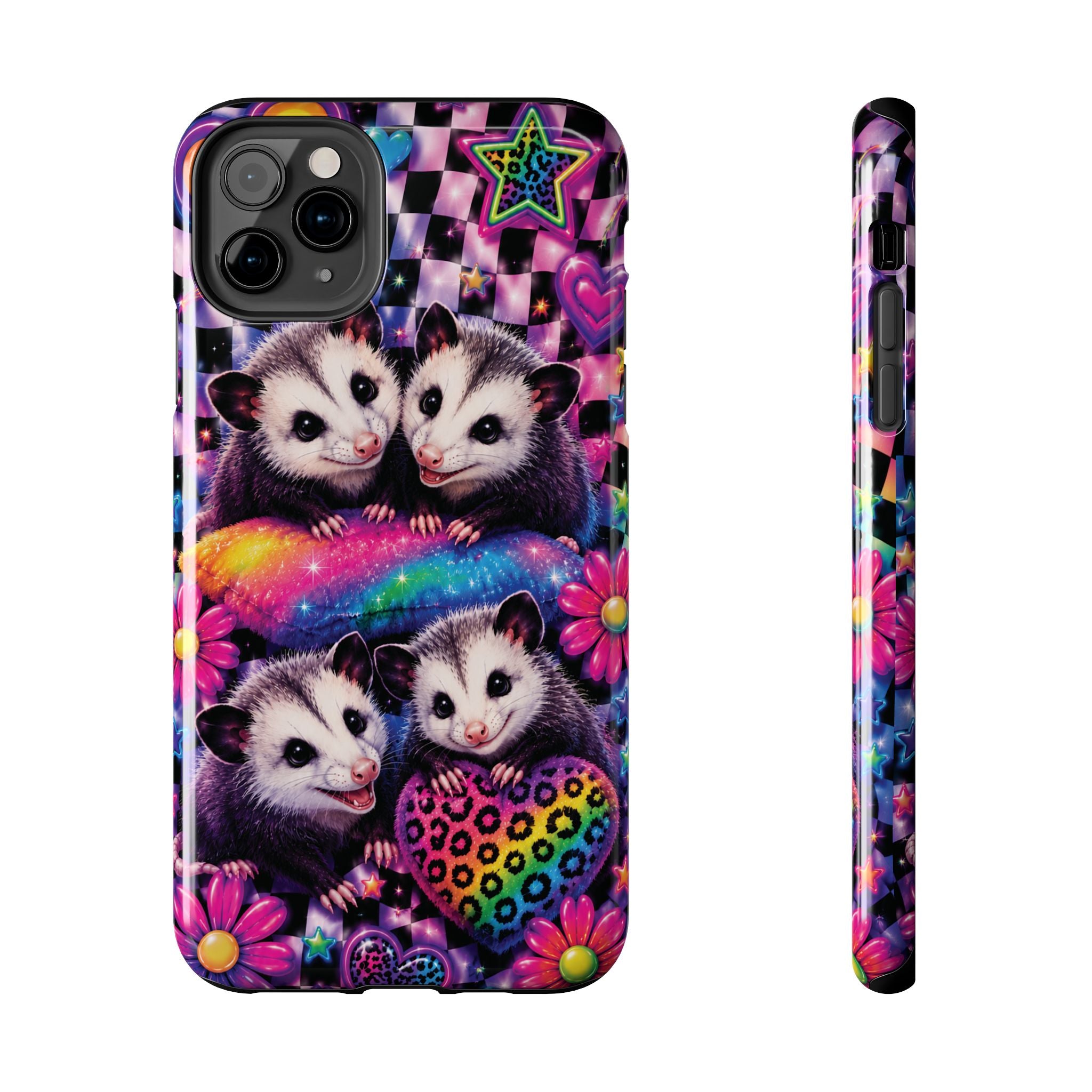 Cute 90's Retro Opossums Phone Case | Neon Flowers, Checkerboard Design Iphone Samsung Phone Case