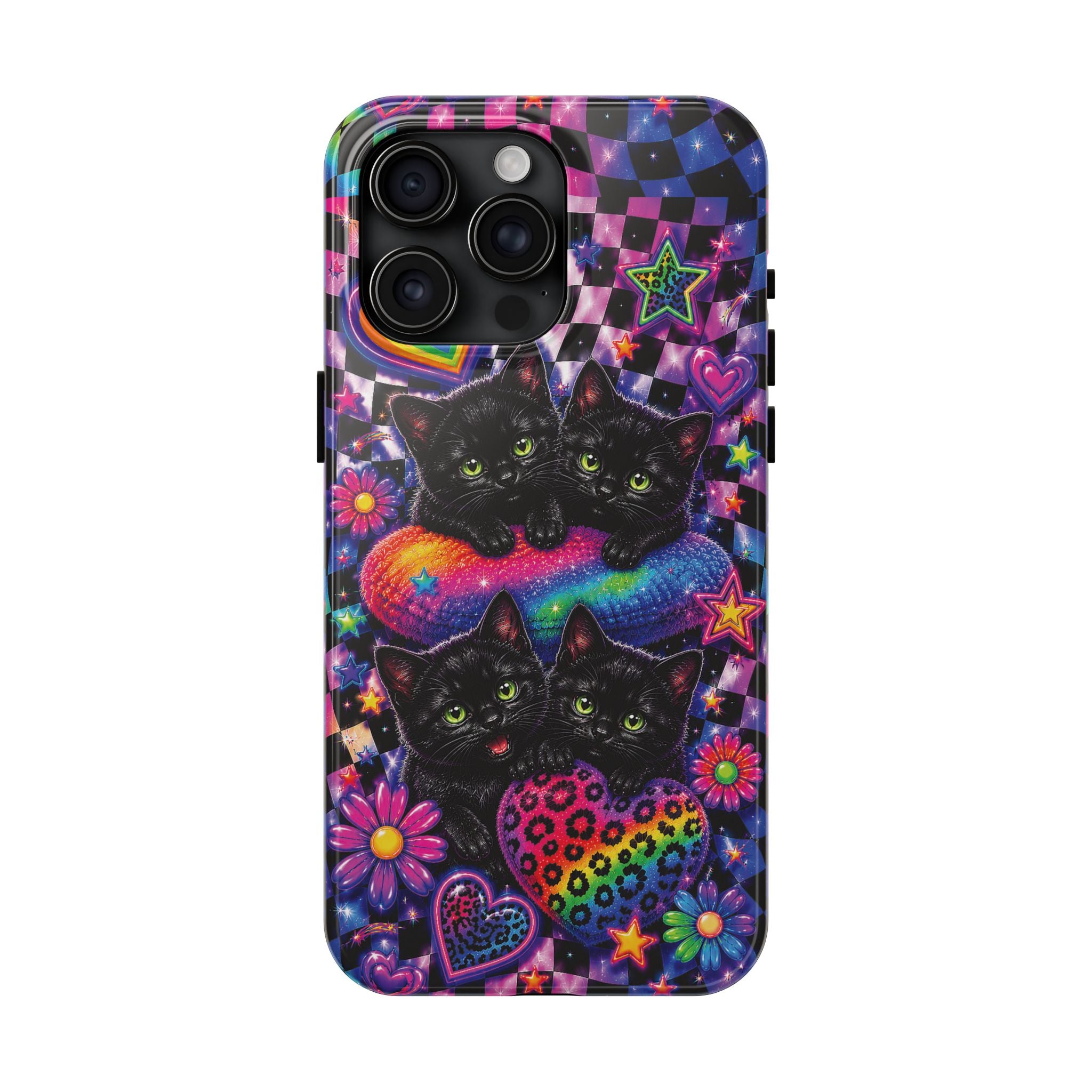 Cute 90's Retro Black Cats Phone Case | Neon Flowers, Checkerboard Design Iphone Samsung Phone Case