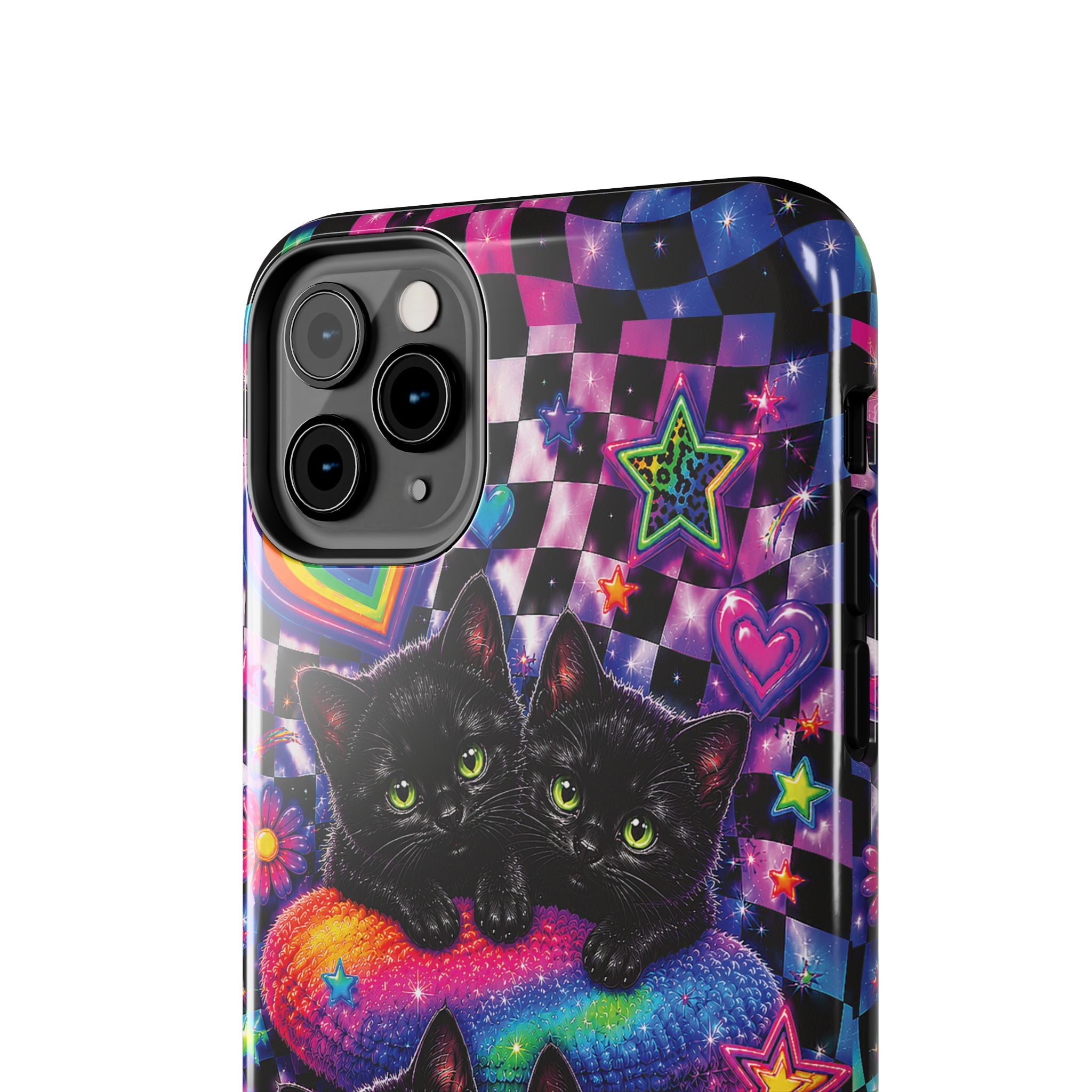 Cute 90's Retro Black Cats Phone Case | Neon Flowers, Checkerboard Design Iphone Samsung Phone Case