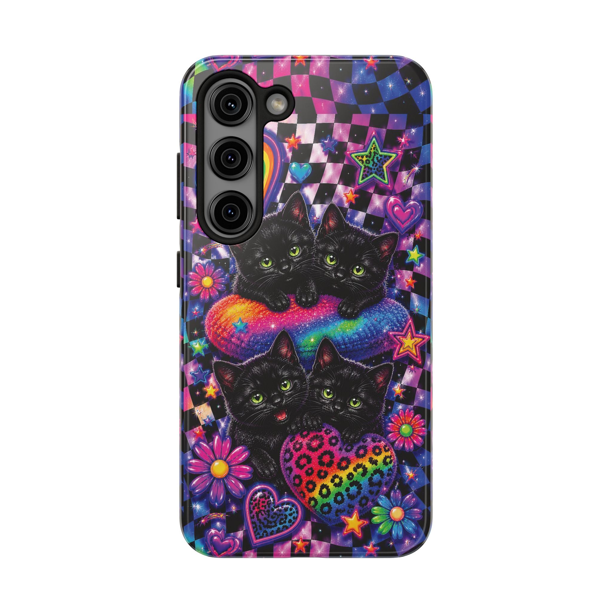 Cute 90's Retro Black Cats Phone Case | Neon Flowers, Checkerboard Design Iphone Samsung Phone Case