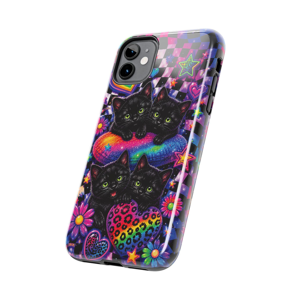 Cute 90's Retro Black Cats Phone Case | Neon Flowers, Checkerboard Design Iphone Samsung Phone Case