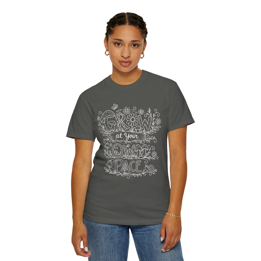 Grow at Your Own Pace Shirt, Comfort Colors Tee, Wildflower Mushroom Doodle Design, Minimalist Botanical Tee | Cottagecore Nature Graphic