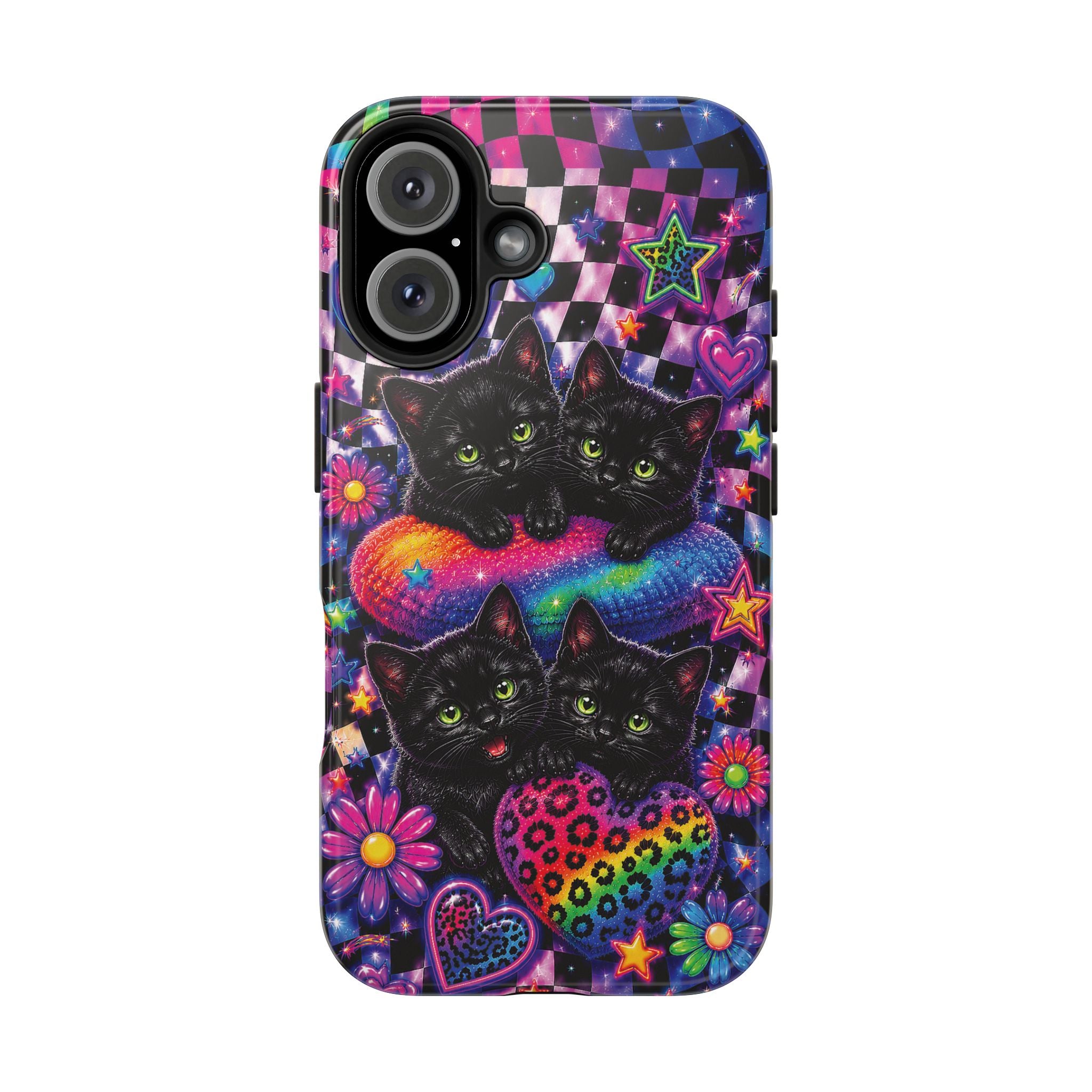 Cute 90's Retro Black Cats Phone Case | Neon Flowers, Checkerboard Design Iphone Samsung Phone Case