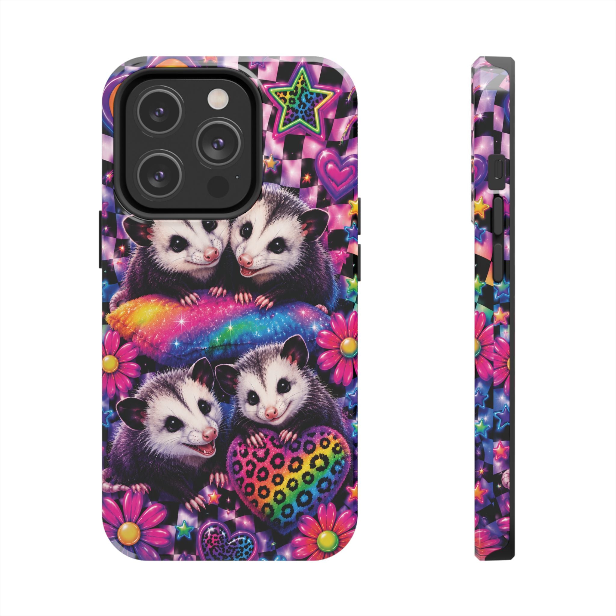 Cute 90's Retro Opossums Phone Case | Neon Flowers, Checkerboard Design Iphone Samsung Phone Case