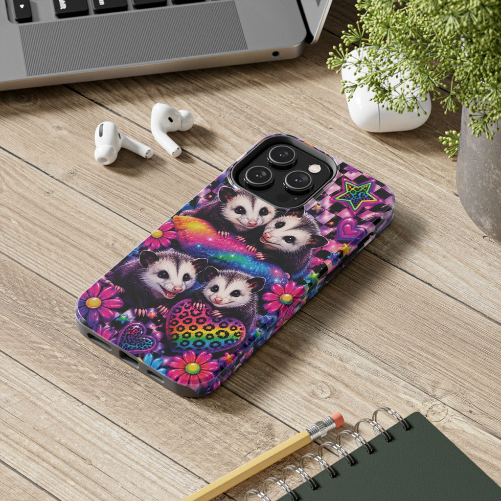 Cute 90's Retro Opossums Phone Case | Neon Flowers, Checkerboard Design Iphone Samsung Phone Case