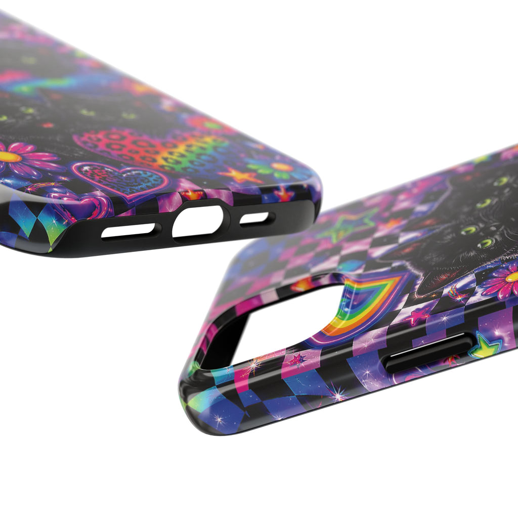 Cute 90's Retro Black Cats Phone Case | Neon Flowers, Checkerboard Design Iphone Samsung Phone Case