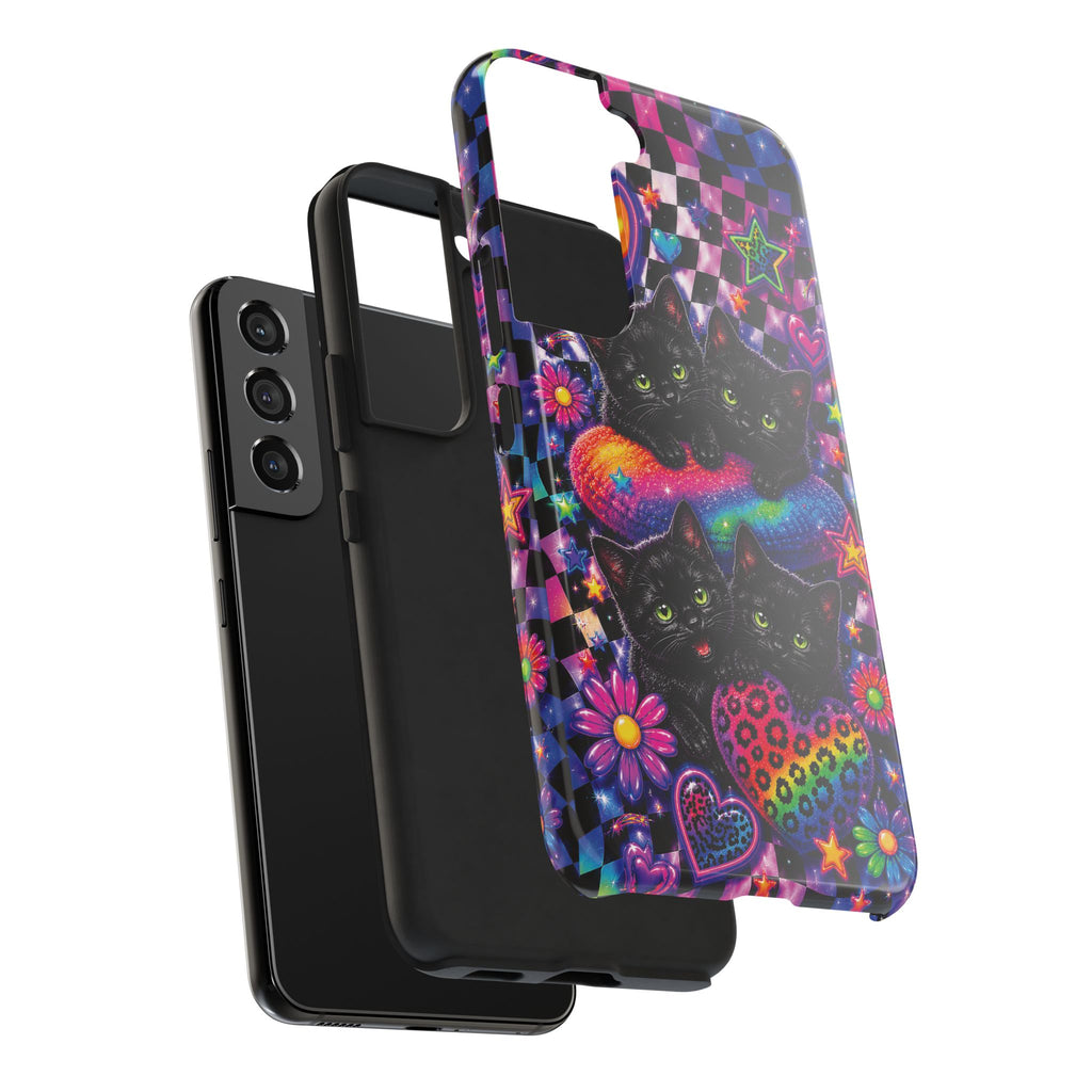 Cute 90's Retro Black Cats Phone Case | Neon Flowers, Checkerboard Design Iphone Samsung Phone Case