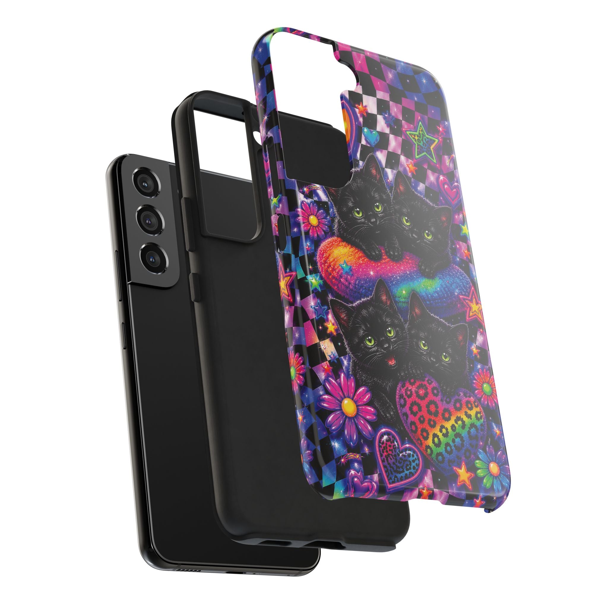 Cute 90's Retro Black Cats Phone Case | Neon Flowers, Checkerboard Design Iphone Samsung Phone Case