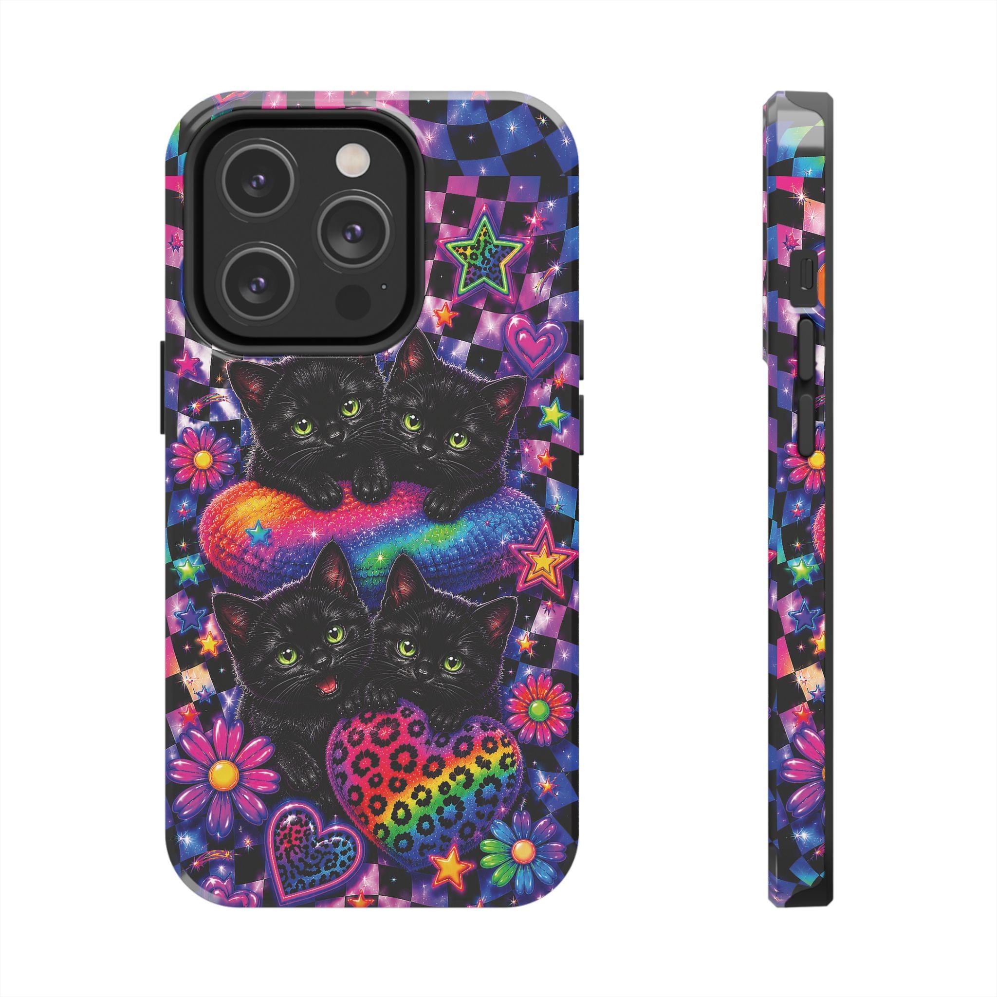 Cute 90's Retro Black Cats Phone Case | Neon Flowers, Checkerboard Design Iphone Samsung Phone Case