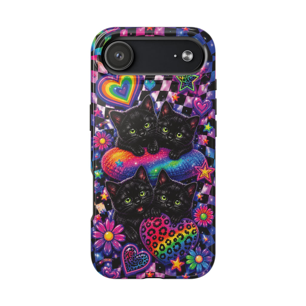 Cute 90's Retro Black Cats Phone Case | Neon Flowers, Checkerboard Design Iphone Samsung Phone Case
