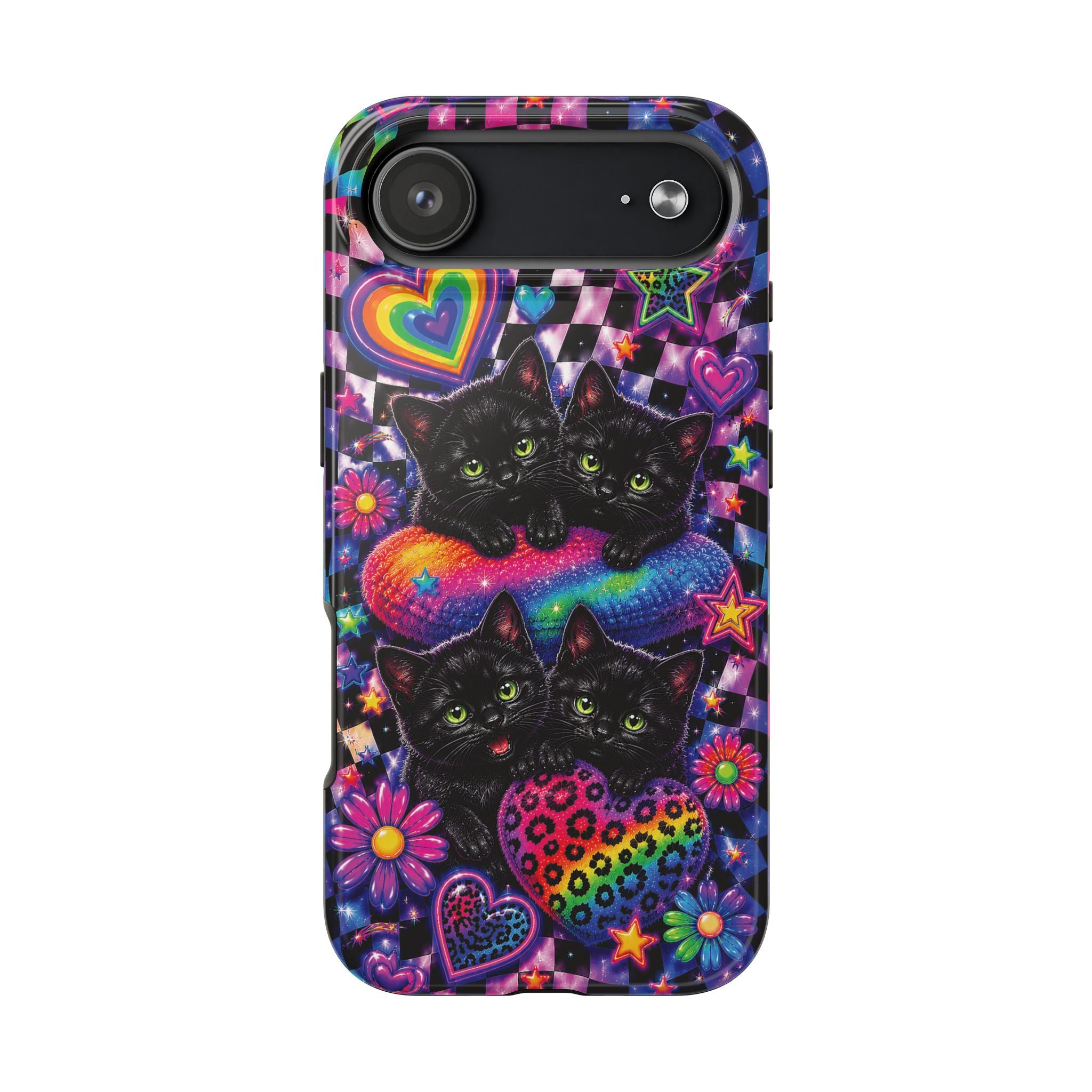 Cute 90's Retro Black Cats Phone Case | Neon Flowers, Checkerboard Design Iphone Samsung Phone Case
