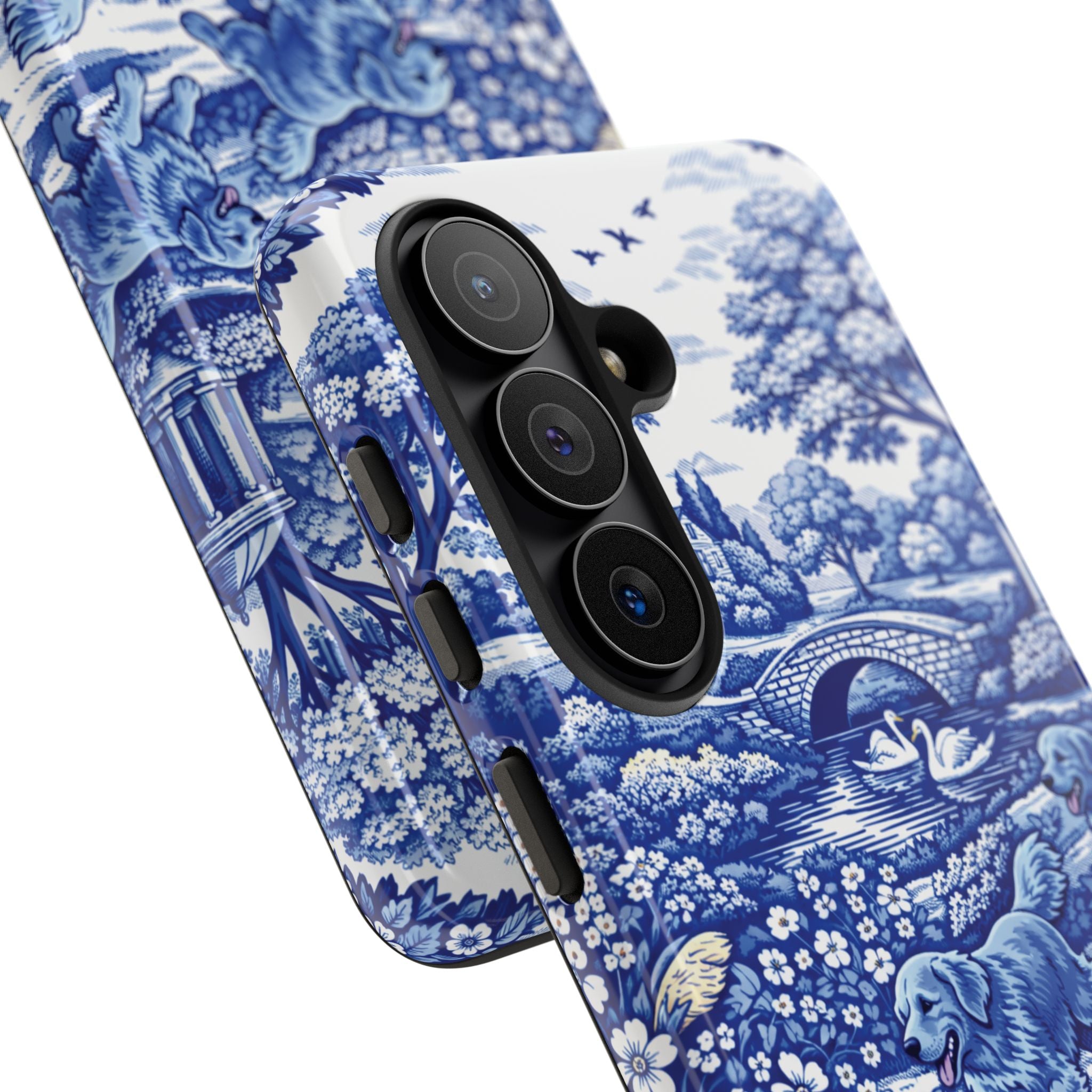 Golden Retriever Tough Phone Case, Chinoiserie Blue Dog Pattern, French Toile Aesthetic