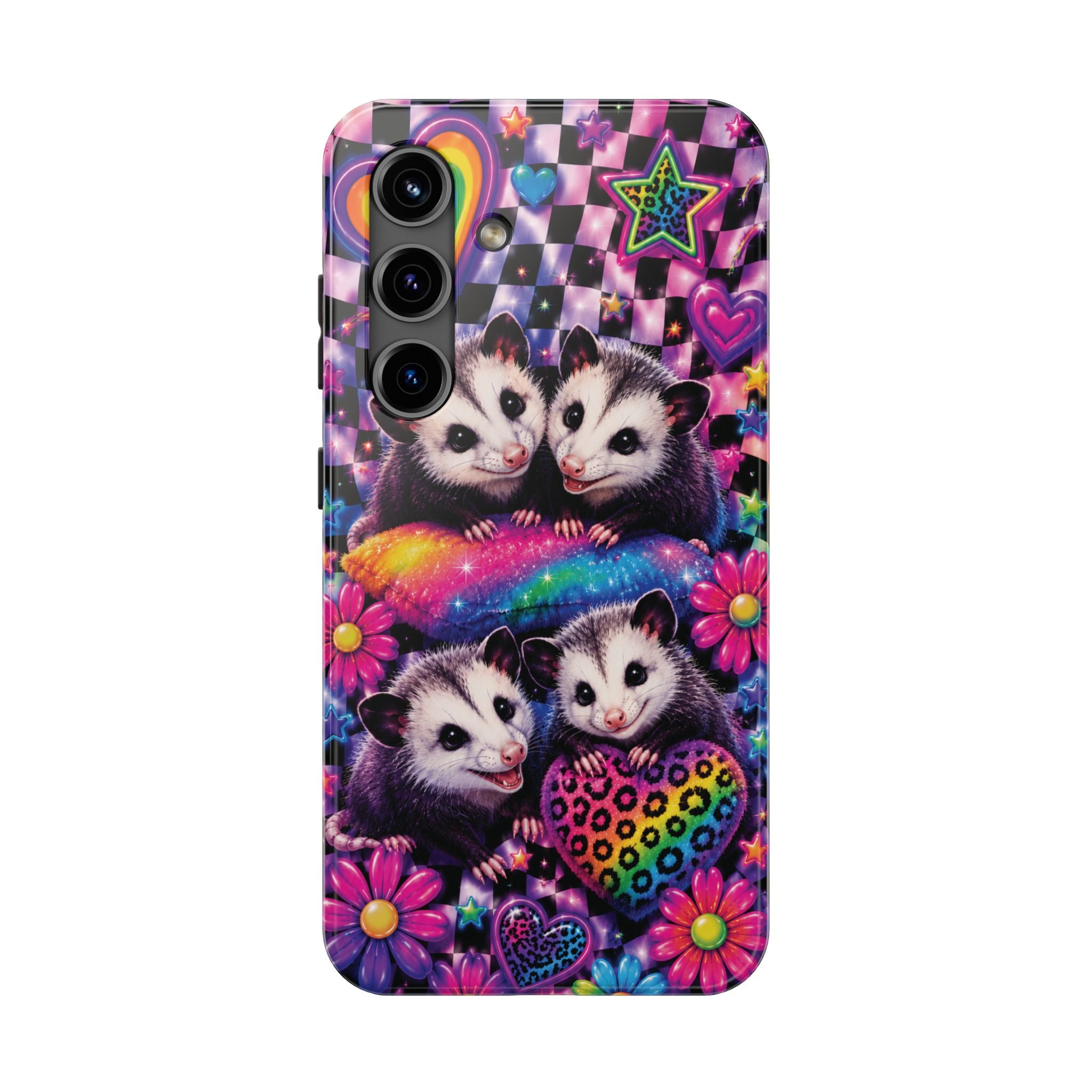 Cute 90's Retro Opossums Phone Case | Neon Flowers, Checkerboard Design Iphone Samsung Phone Case