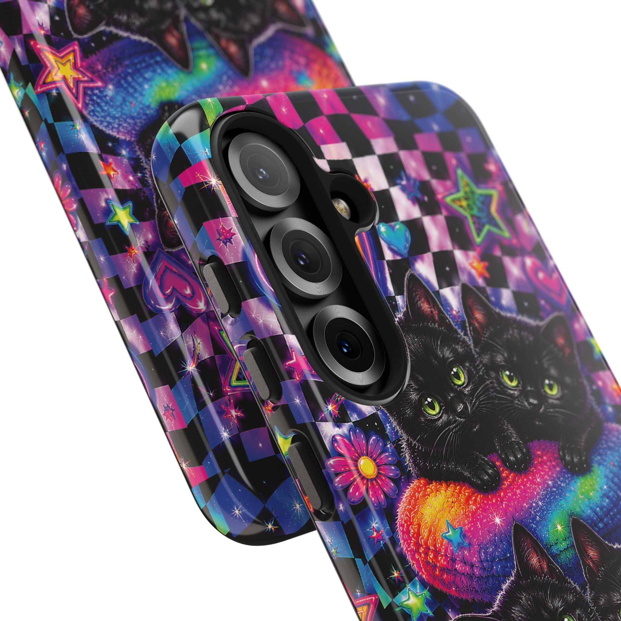 Cute 90's Retro Black Cats Phone Case | Neon Flowers, Checkerboard Design Iphone Samsung Phone Case