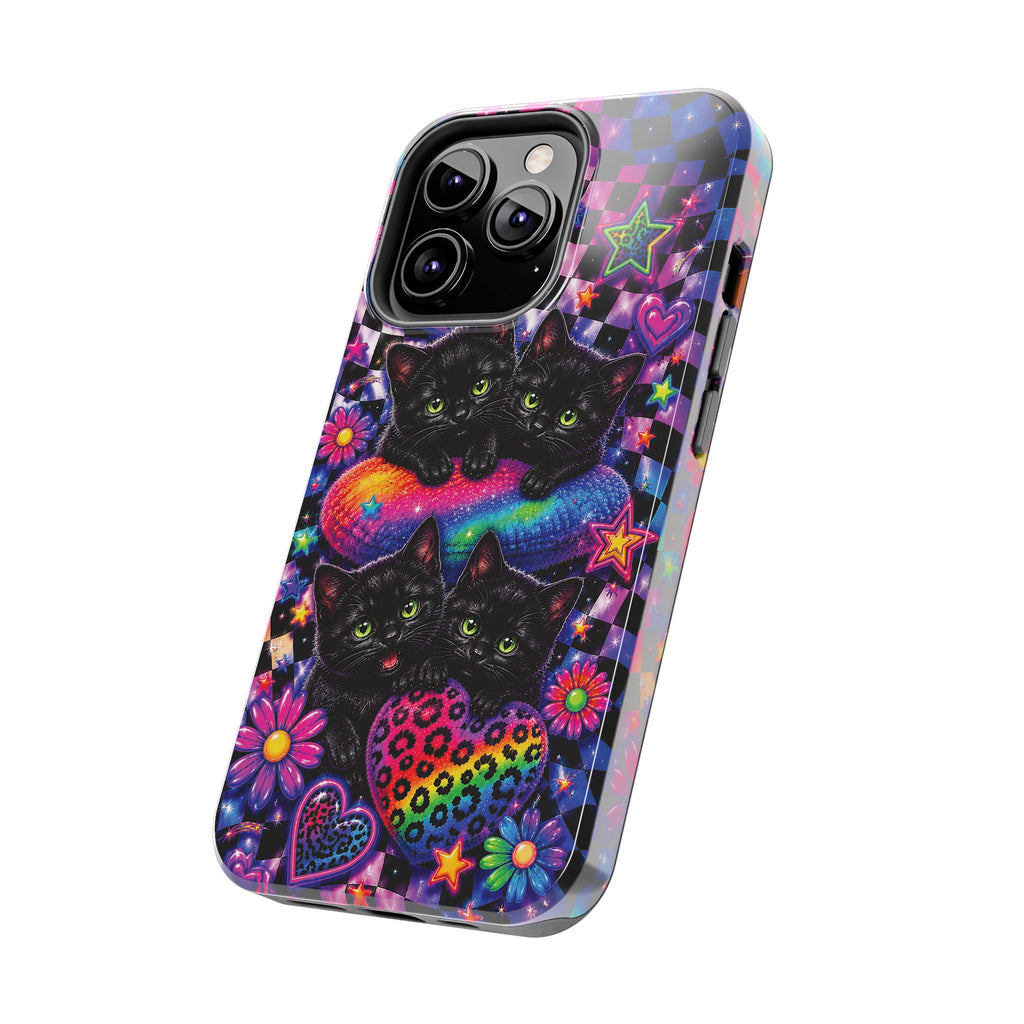 Cute 90's Retro Black Cats Phone Case | Neon Flowers, Checkerboard Design Iphone Samsung Phone Case