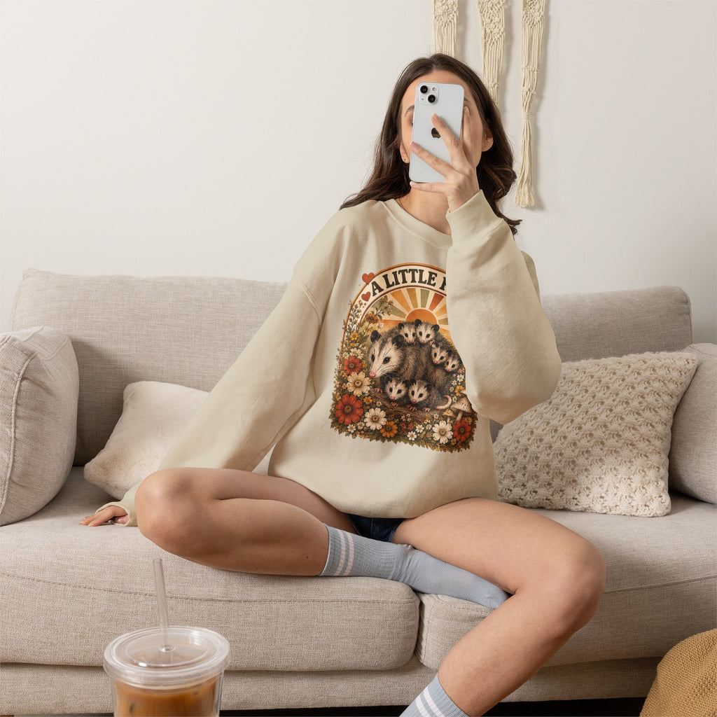 Retro Cute Opossum Sweatshirt | Vintage Floral Design, 1970's Style Sweatshirt Graphic