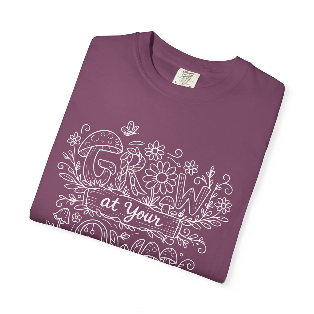Grow at Your Own Pace Shirt, Comfort Colors Tee, Wildflower Mushroom Doodle Design, Minimalist Botanical Tee | Cottagecore Nature Graphic