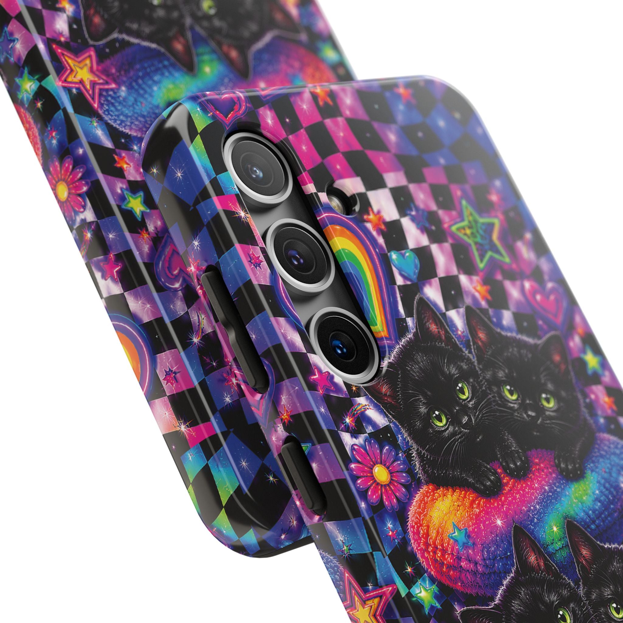 Cute 90's Retro Black Cats Phone Case | Neon Flowers, Checkerboard Design Iphone Samsung Phone Case