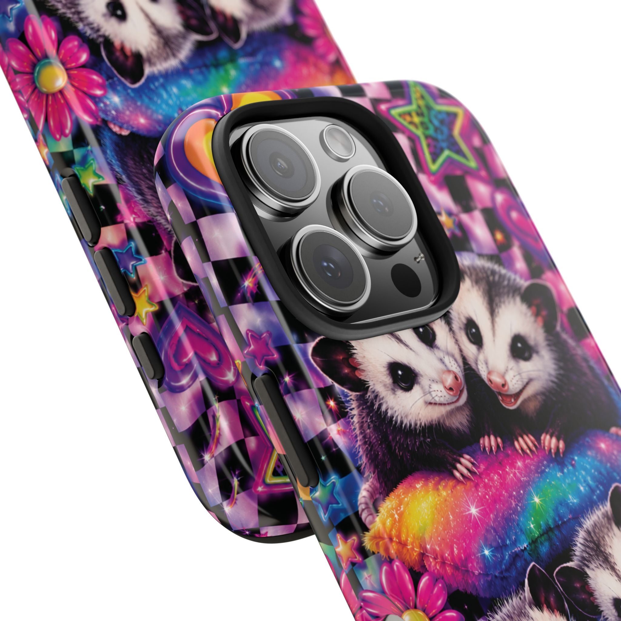 Cute 90's Retro Opossums Phone Case | Neon Flowers, Checkerboard Design Iphone Samsung Phone Case