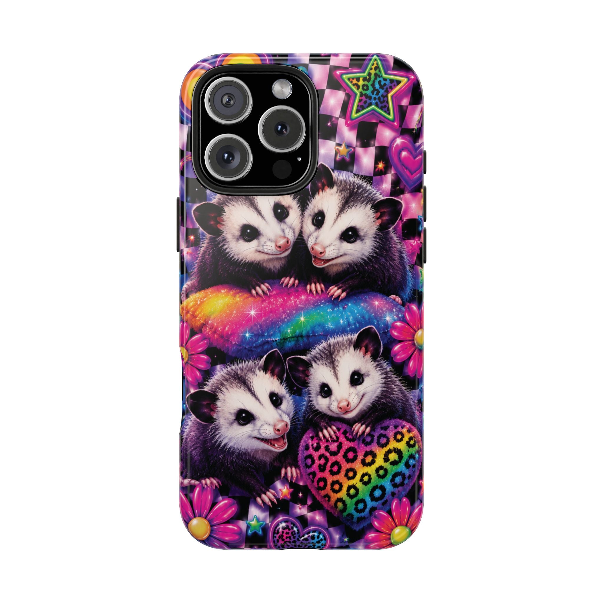 Cute 90's Retro Opossums Phone Case | Neon Flowers, Checkerboard Design Iphone Samsung Phone Case