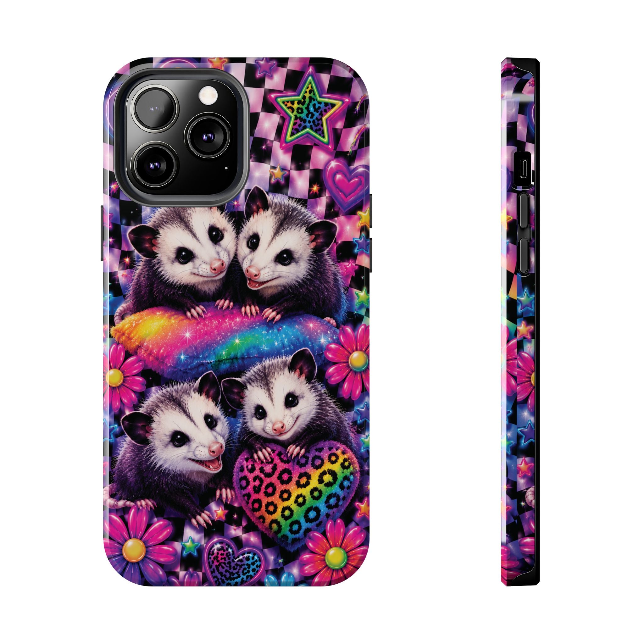 Cute 90's Retro Opossums Phone Case | Neon Flowers, Checkerboard Design Iphone Samsung Phone Case