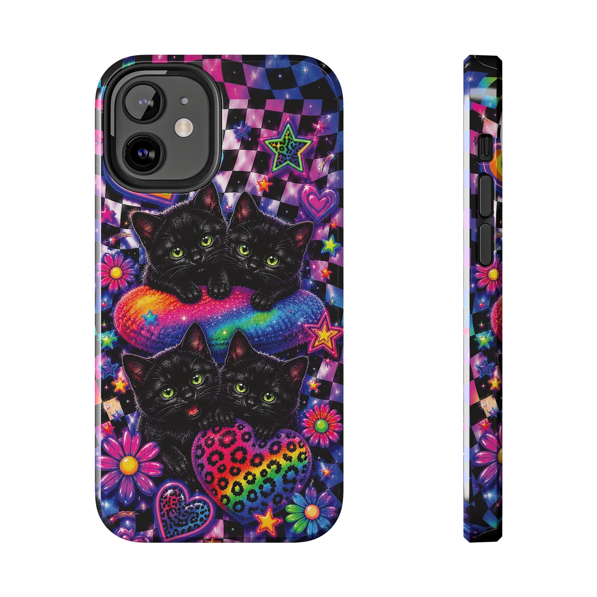 Cute 90's Retro Black Cats Phone Case | Neon Flowers, Checkerboard Design Iphone Samsung Phone Case