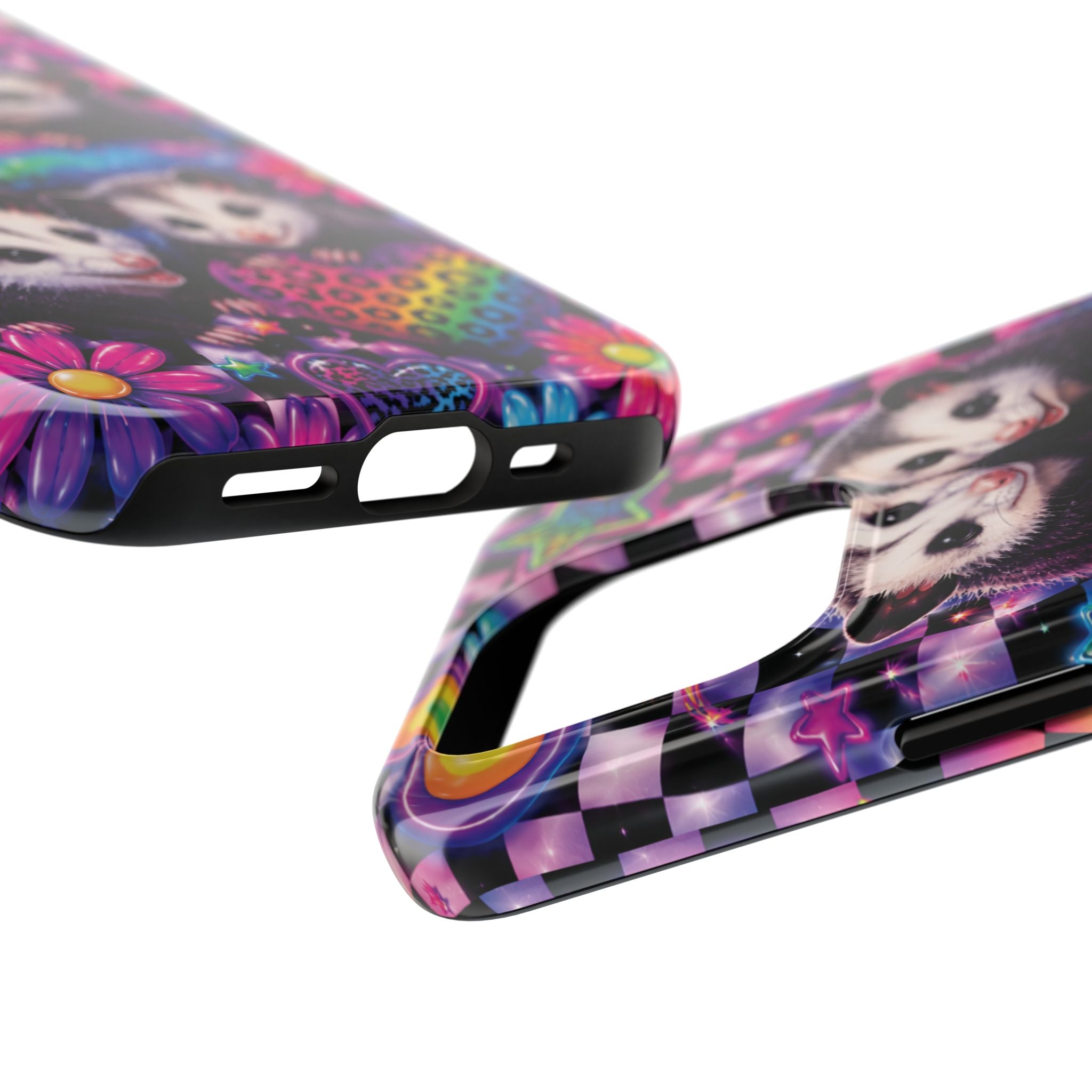 Cute 90's Retro Opossums Phone Case | Neon Flowers, Checkerboard Design Iphone Samsung Phone Case