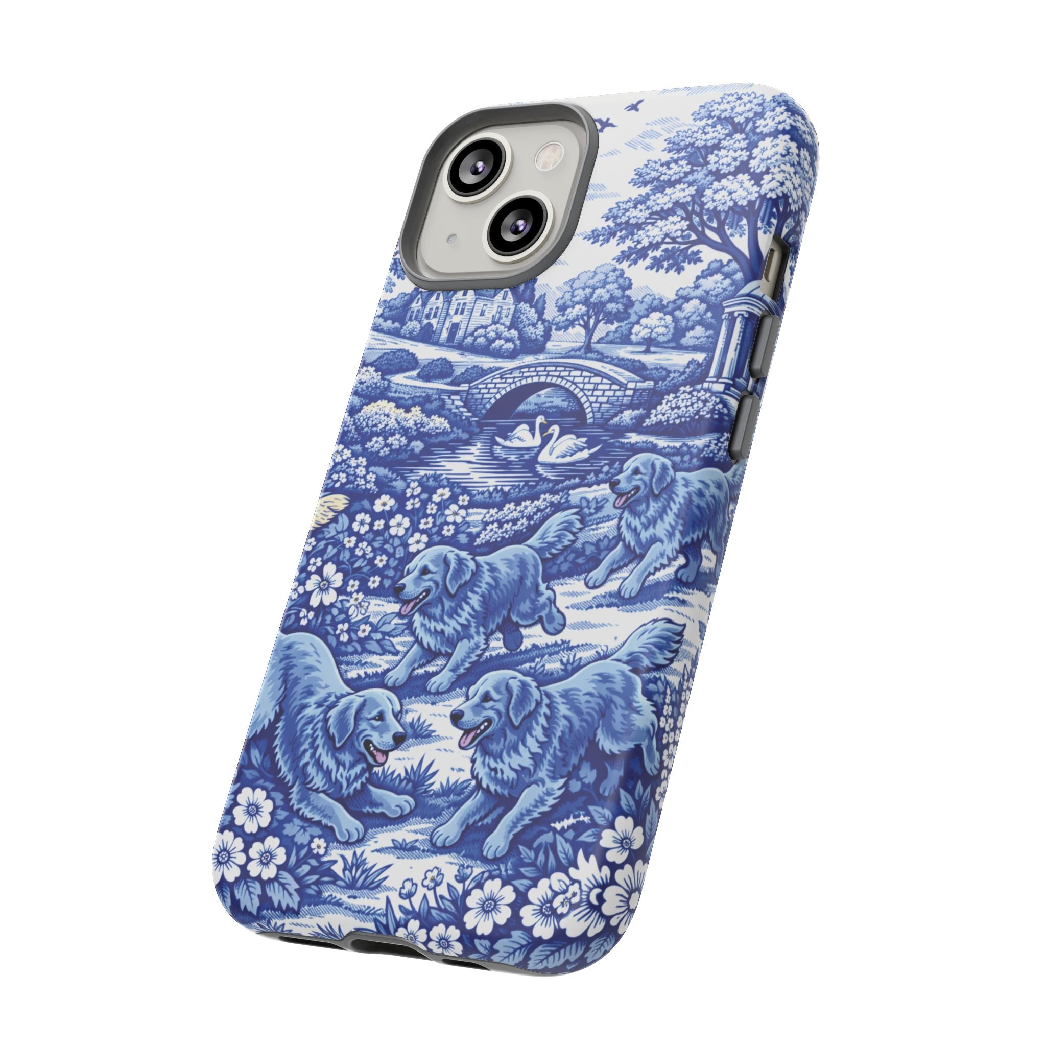Golden Retriever Tough Phone Case, Chinoiserie Blue Dog Pattern, French Toile Aesthetic
