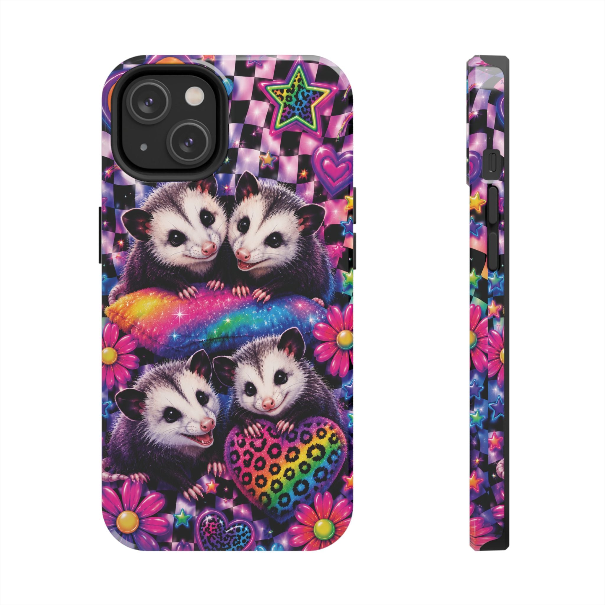 Cute 90's Retro Opossums Phone Case | Neon Flowers, Checkerboard Design Iphone Samsung Phone Case