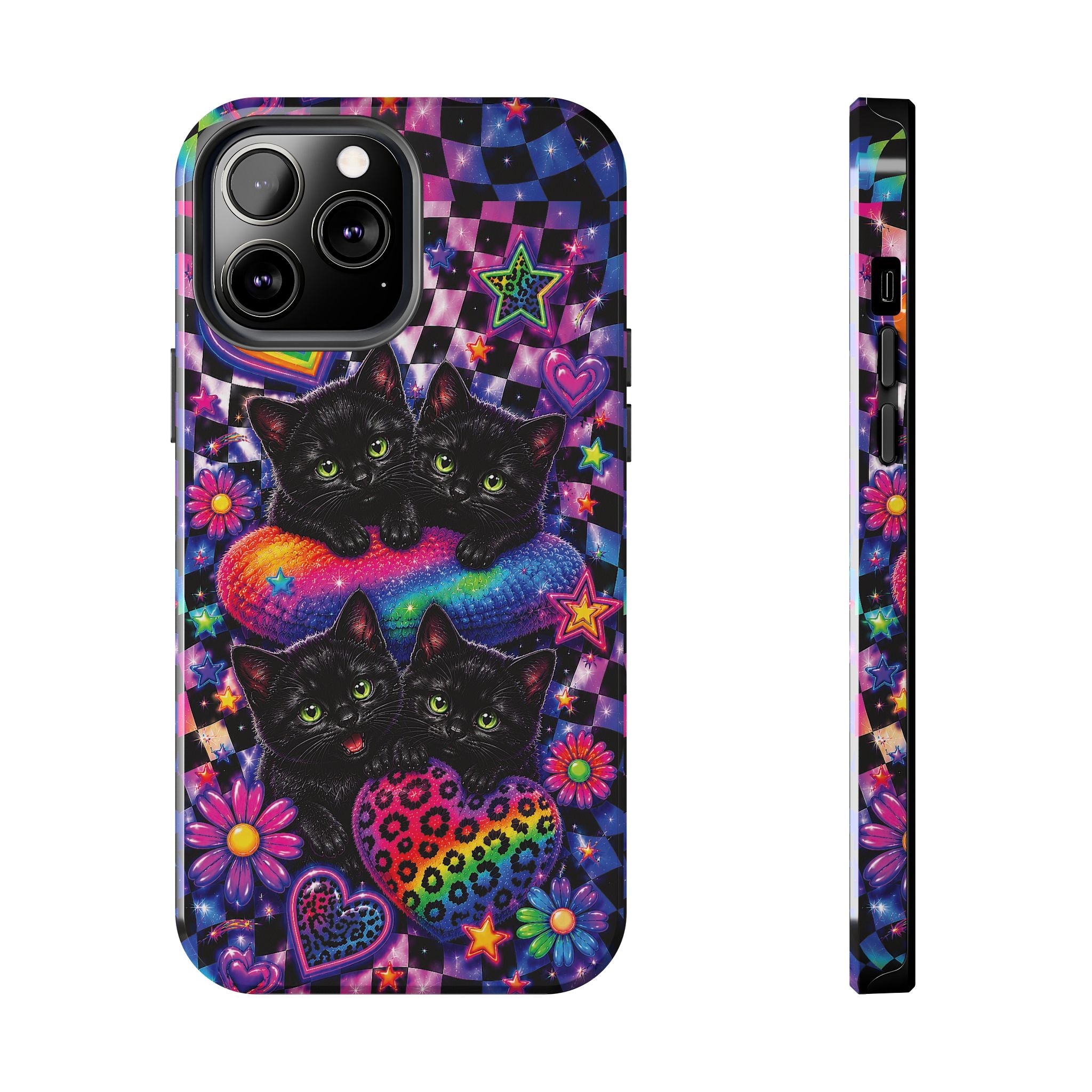 Cute 90's Retro Black Cats Phone Case | Neon Flowers, Checkerboard Design Iphone Samsung Phone Case