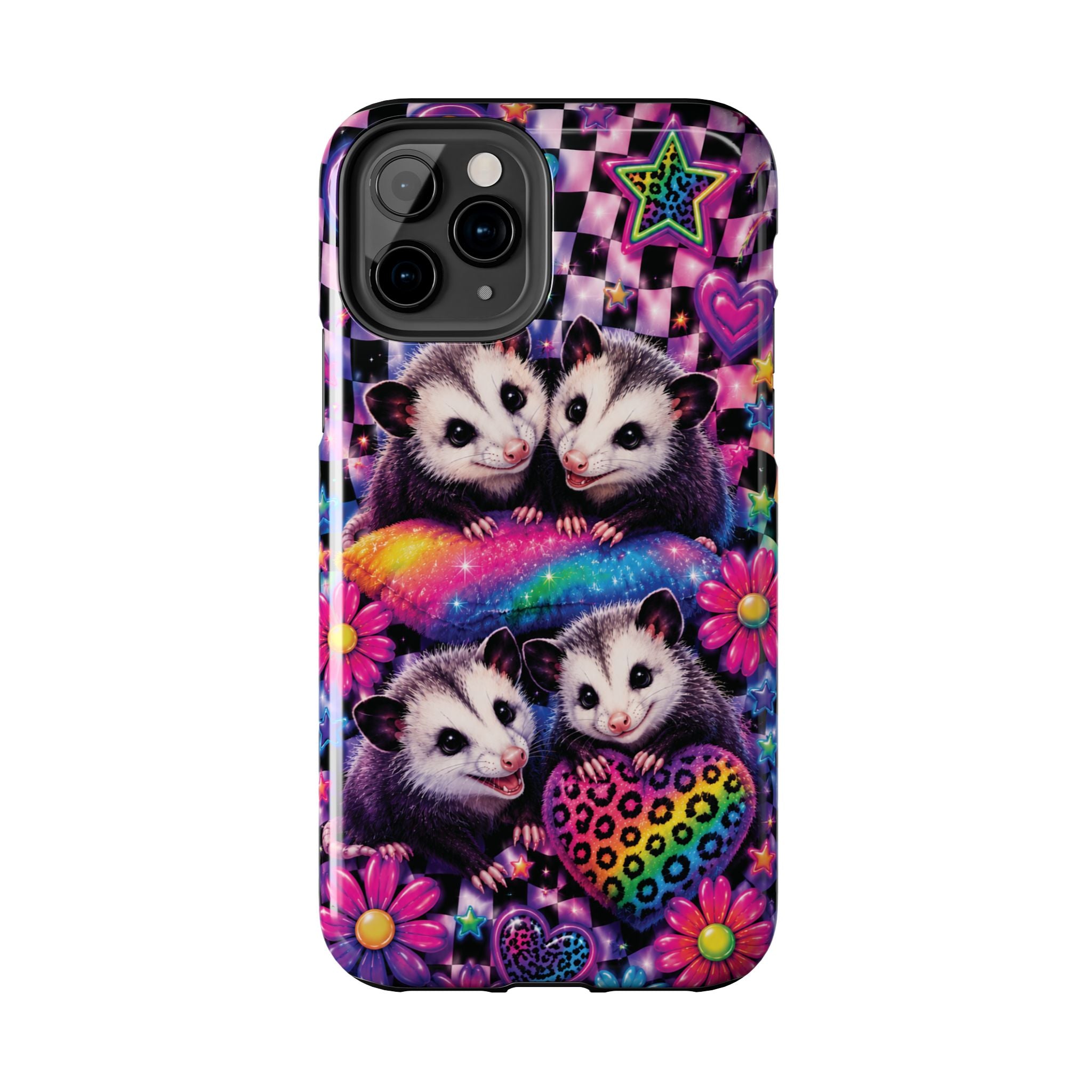 Cute 90's Retro Opossums Phone Case | Neon Flowers, Checkerboard Design Iphone Samsung Phone Case
