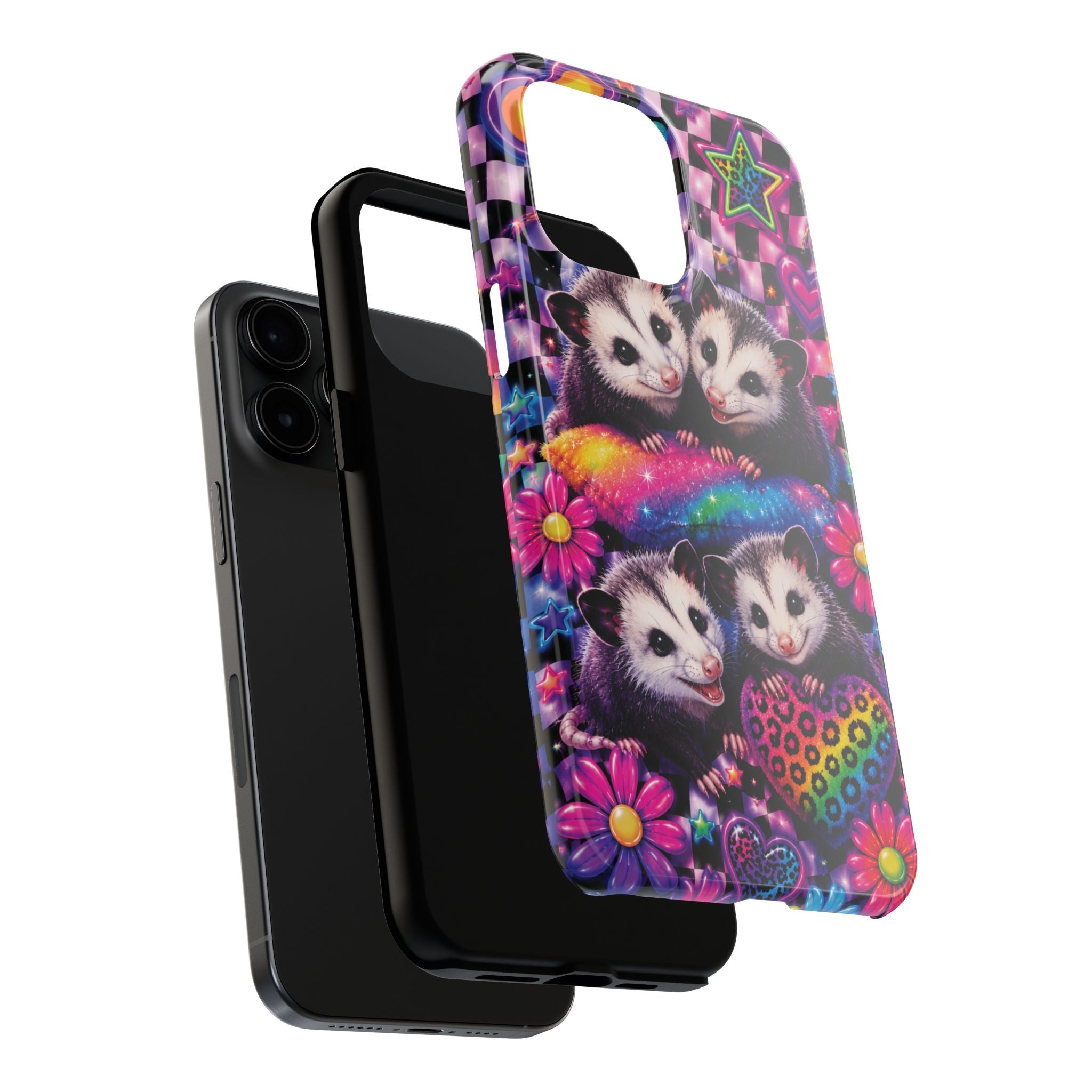 Cute 90's Retro Opossums Phone Case | Neon Flowers, Checkerboard Design Iphone Samsung Phone Case