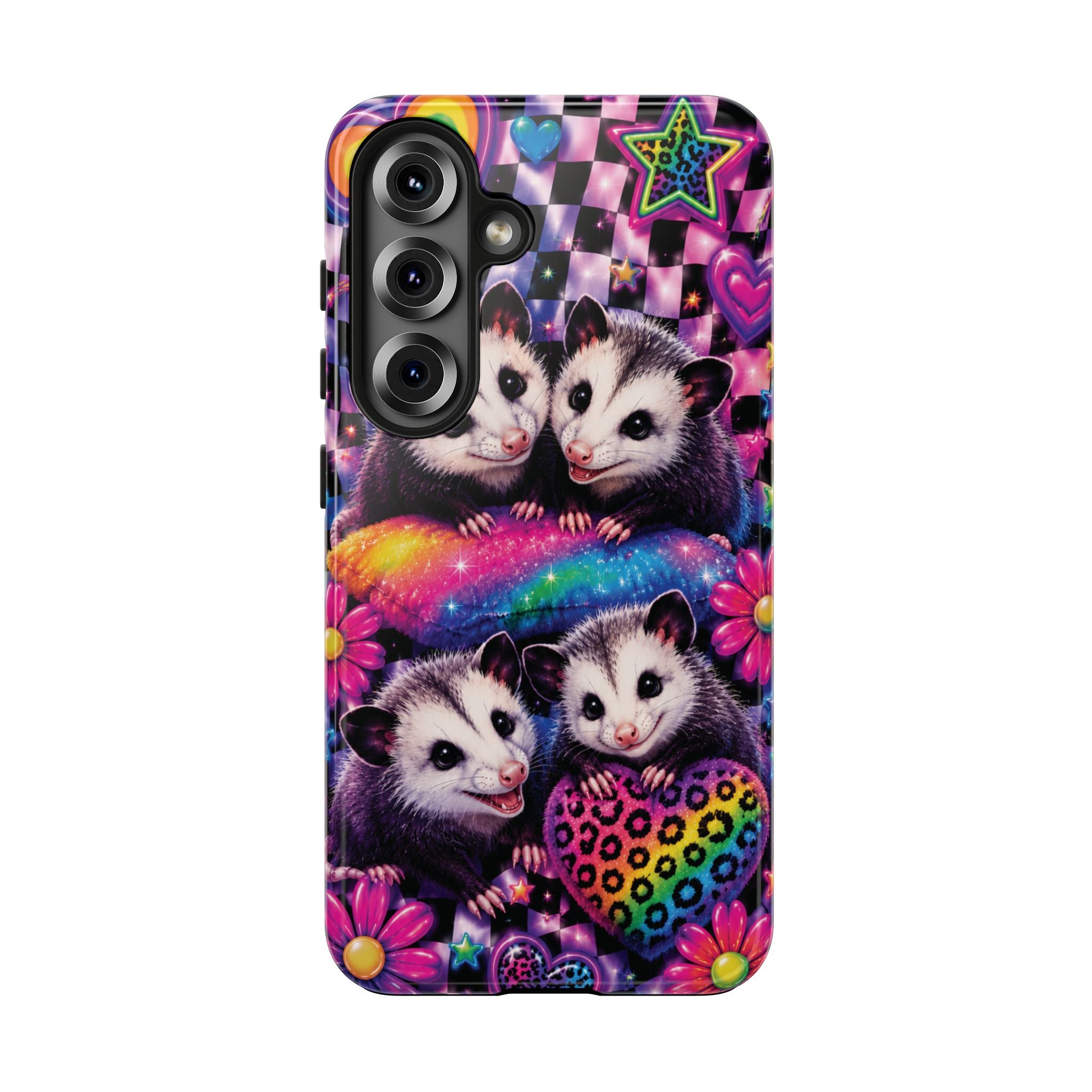 Cute 90's Retro Opossums Phone Case | Neon Flowers, Checkerboard Design Iphone Samsung Phone Case