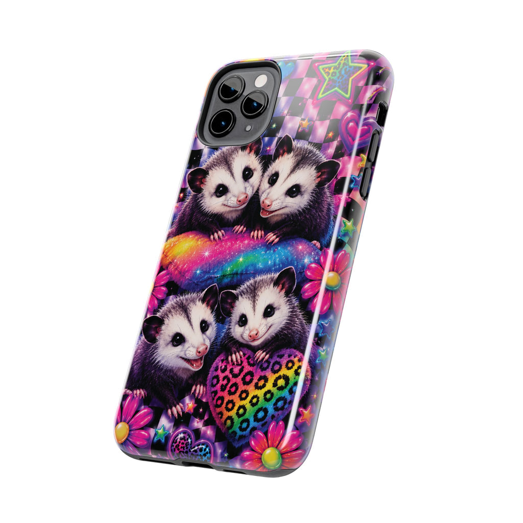 Cute 90's Retro Opossums Phone Case | Neon Flowers, Checkerboard Design Iphone Samsung Phone Case