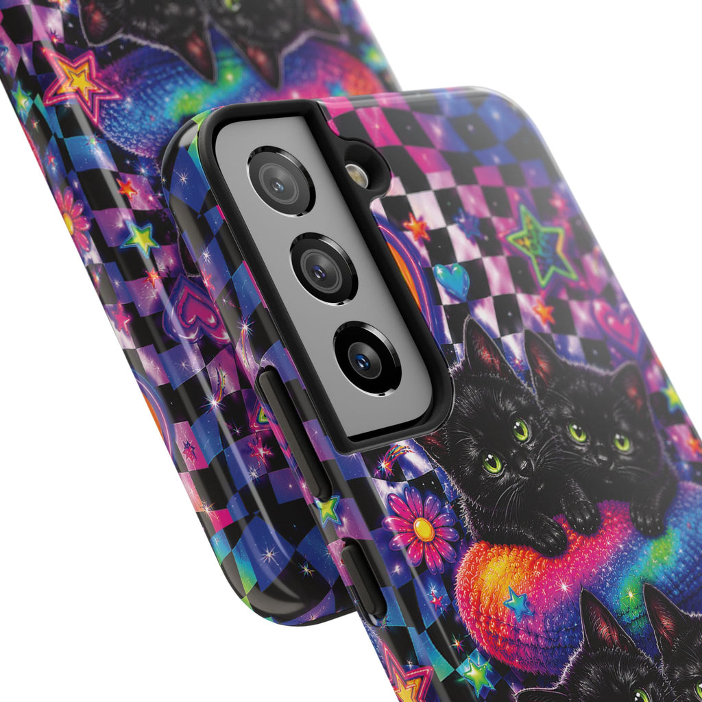 Cute 90's Retro Black Cats Phone Case | Neon Flowers, Checkerboard Design Iphone Samsung Phone Case