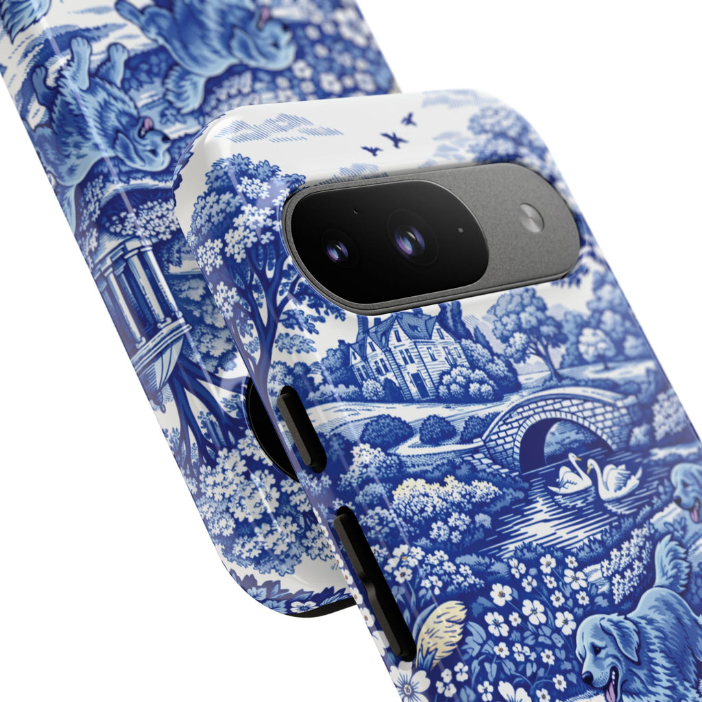 Golden Retriever Tough Phone Case, Chinoiserie Blue Dog Pattern, French Toile Aesthetic