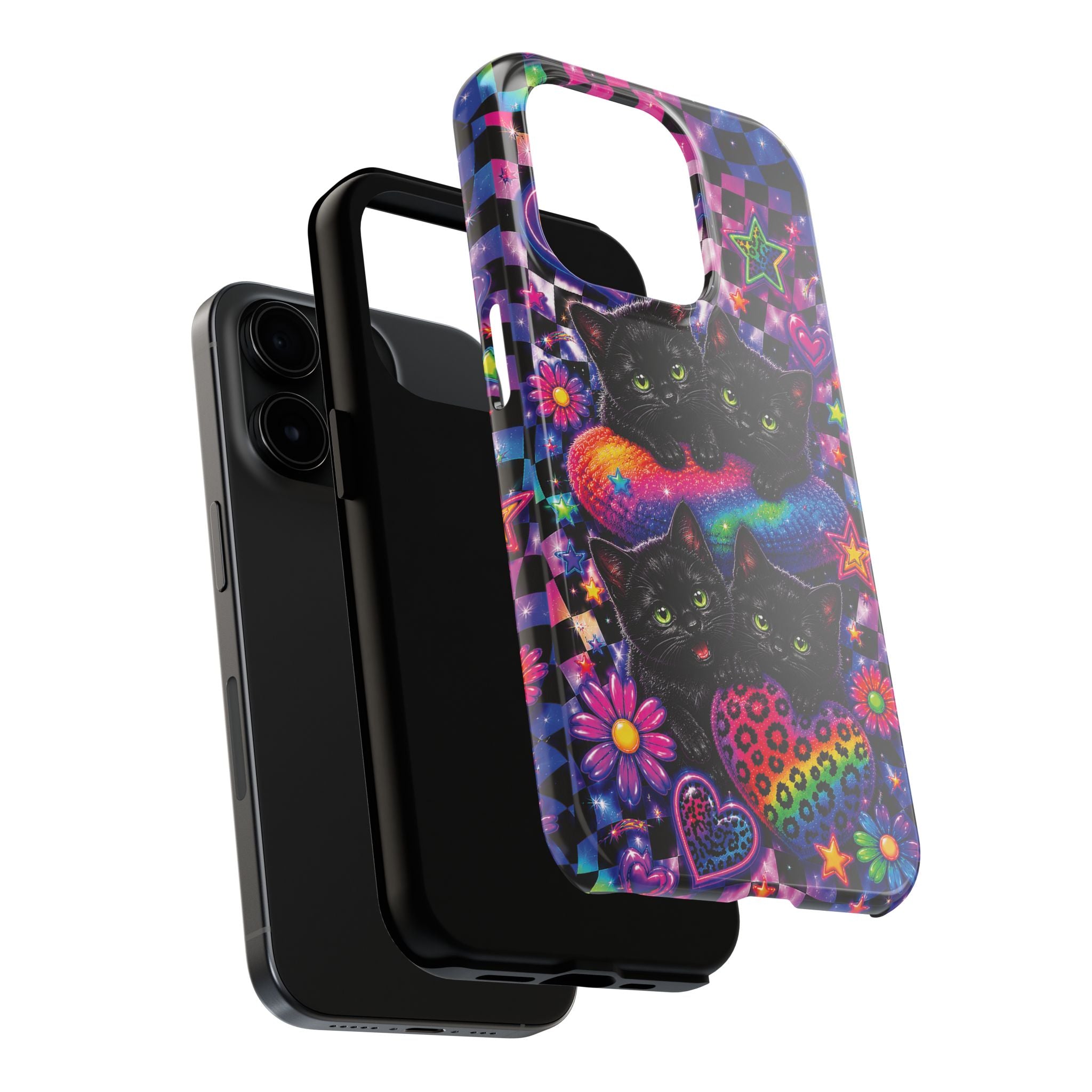 Cute 90's Retro Black Cats Phone Case | Neon Flowers, Checkerboard Design Iphone Samsung Phone Case