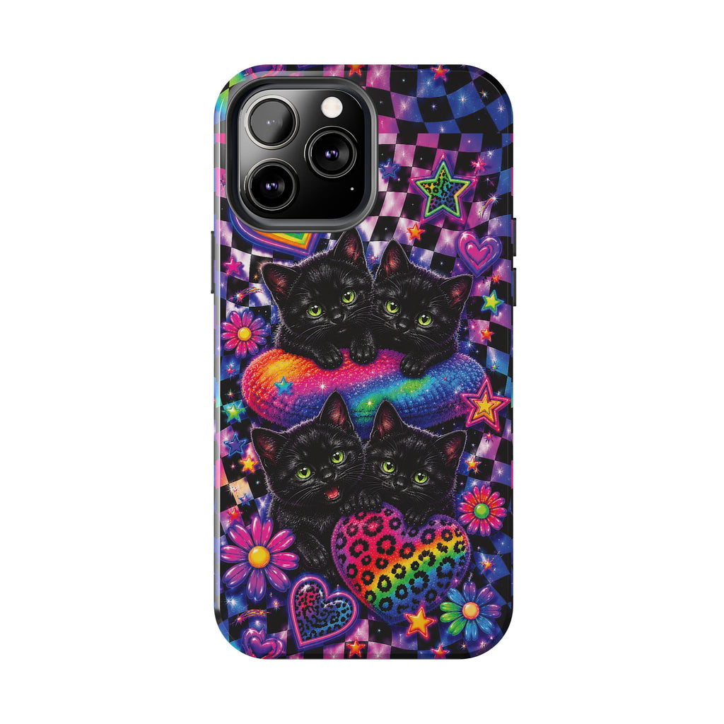 Cute 90's Retro Black Cats Phone Case | Neon Flowers, Checkerboard Design Iphone Samsung Phone Case