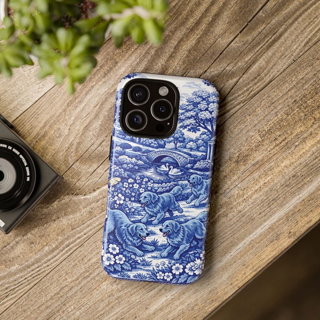 Golden Retriever Tough Phone Case, Chinoiserie Blue Dog Pattern, French Toile Aesthetic