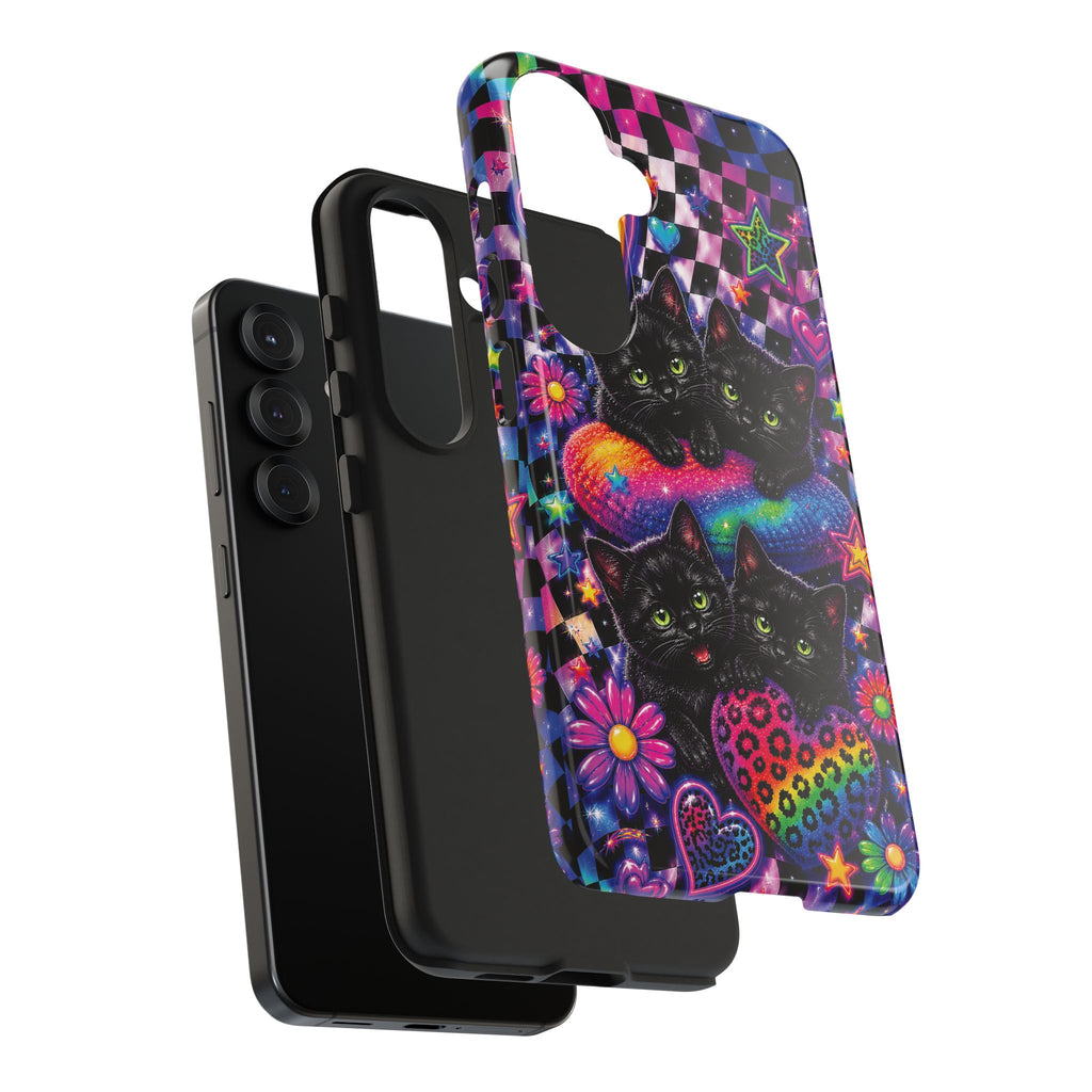Cute 90's Retro Black Cats Phone Case | Neon Flowers, Checkerboard Design Iphone Samsung Phone Case