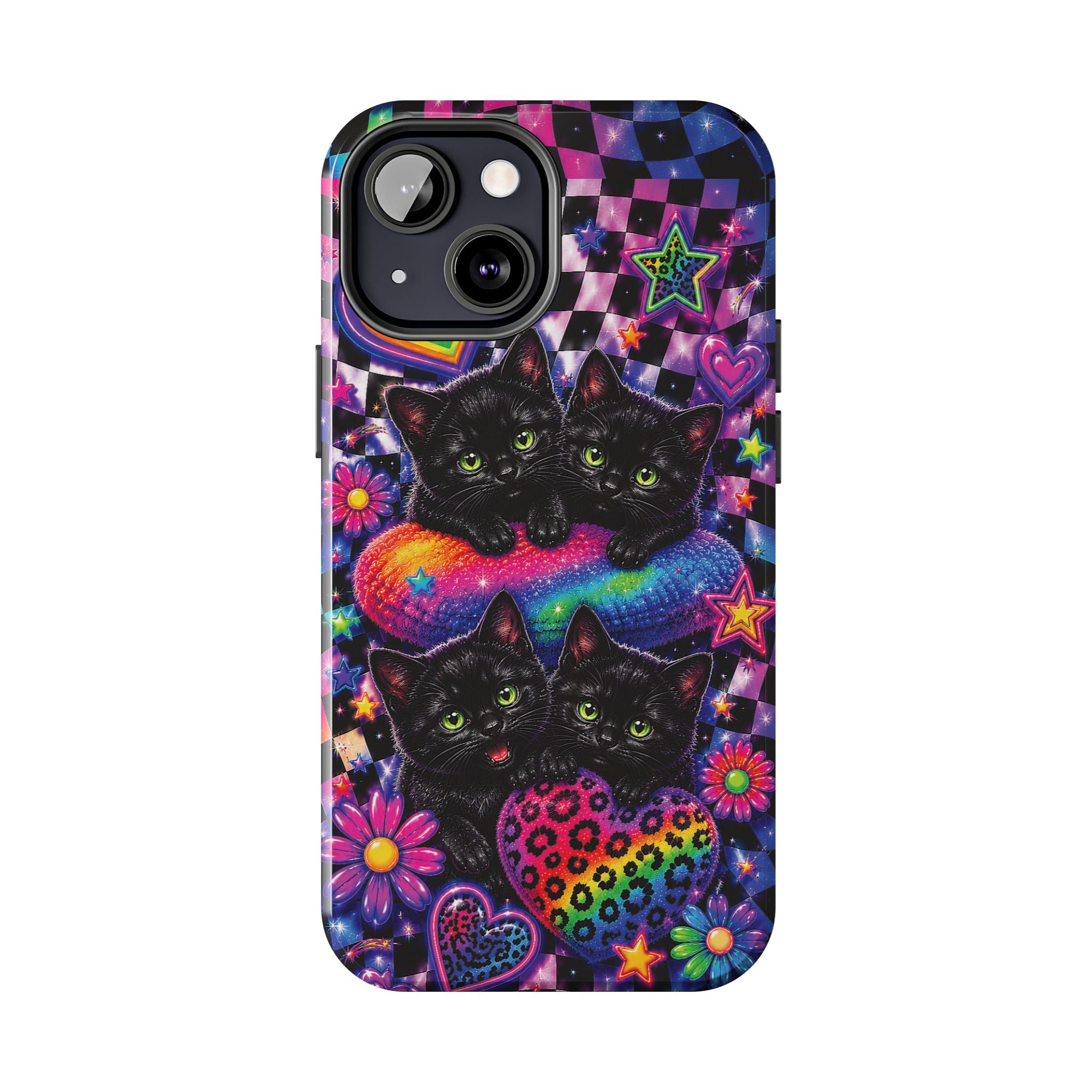Cute 90's Retro Black Cats Phone Case | Neon Flowers, Checkerboard Design Iphone Samsung Phone Case
