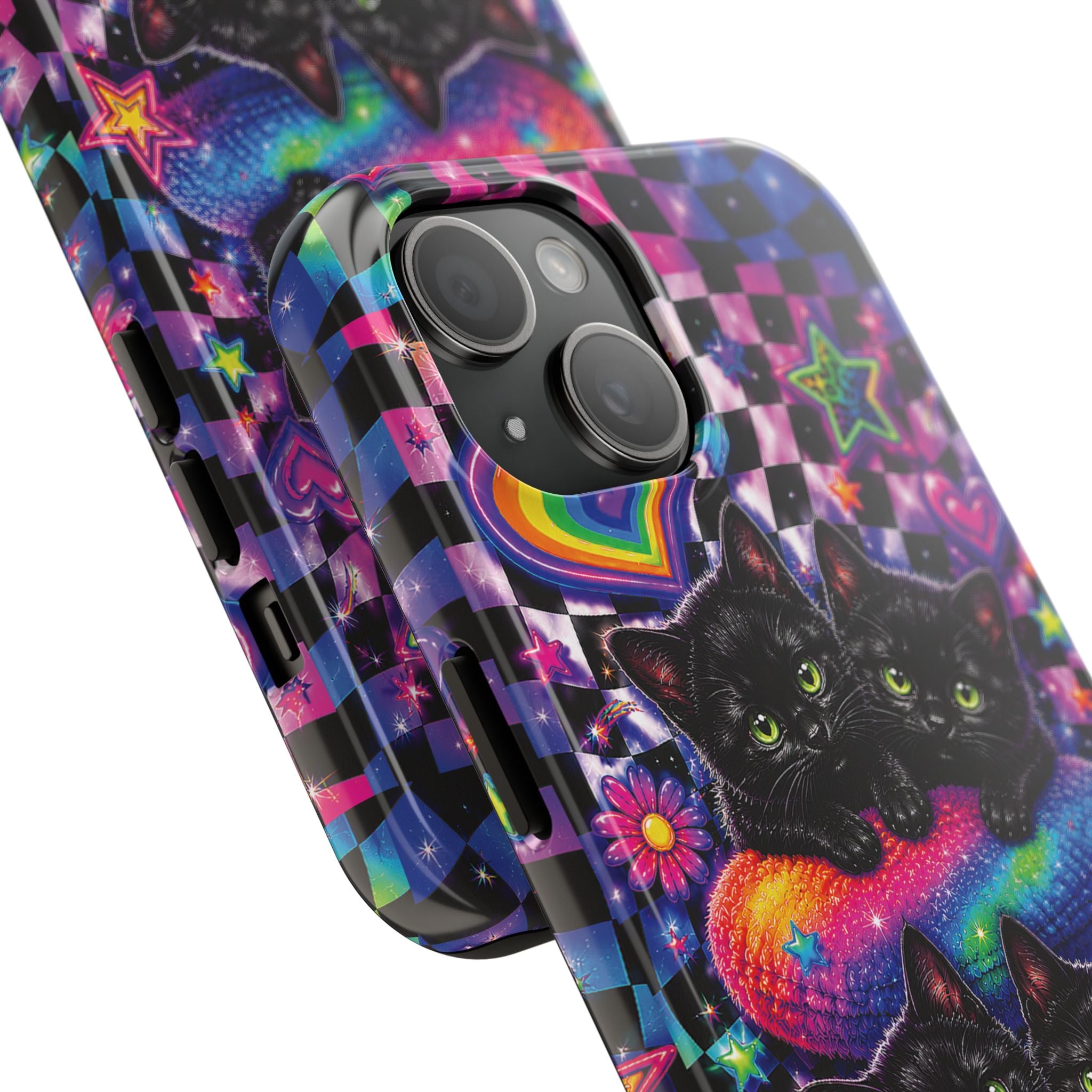 Cute 90's Retro Black Cats Phone Case | Neon Flowers, Checkerboard Design Iphone Samsung Phone Case
