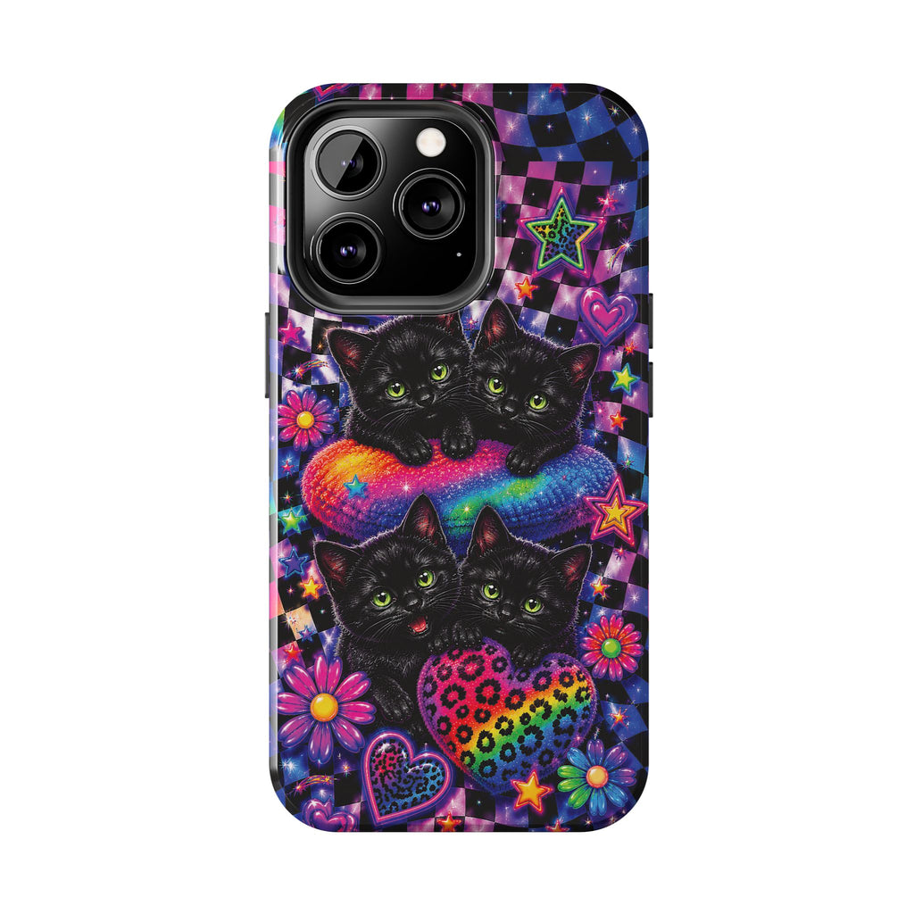 Cute 90's Retro Black Cats Phone Case | Neon Flowers, Checkerboard Design Iphone Samsung Phone Case