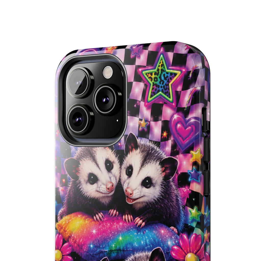 Cute 90's Retro Opossums Phone Case | Neon Flowers, Checkerboard Design Iphone Samsung Phone Case
